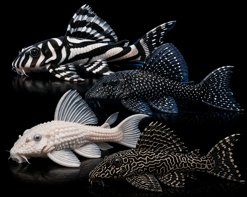 A high-quality graphic of four distinct Pleco species—including a Zebra Pleco, a Blue Phantom, and a Gold Nugget—displayed in high-contrast detail on a solid black background for Inverness Ink aquatic apparel.