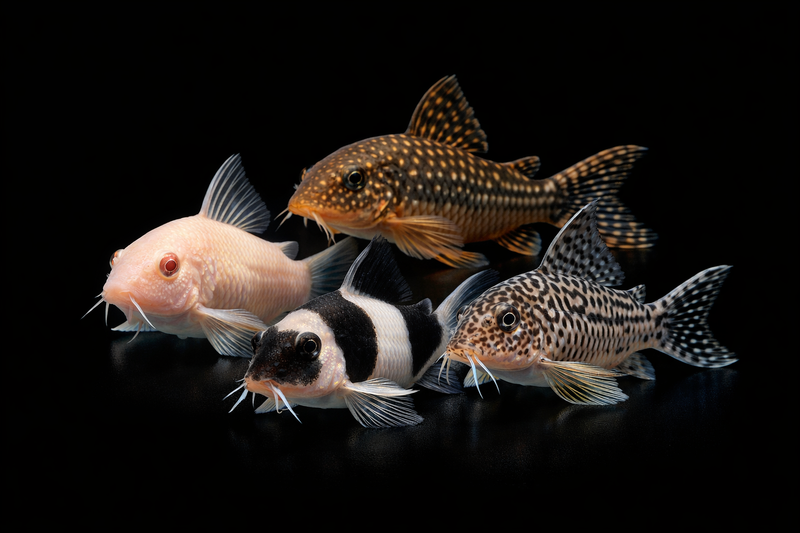 High-detail Panda Corydoras graphic showing the distinctive black eye patches and dorsal fin on a solid black background, premium fish apparel by Inverness Ink.