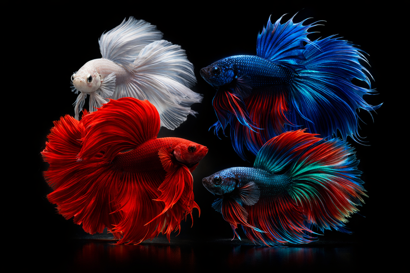 Vibrant Betta fish design with flowing red and blue fins on a solid black background, high-contrast apparel graphic for Inverness Ink.