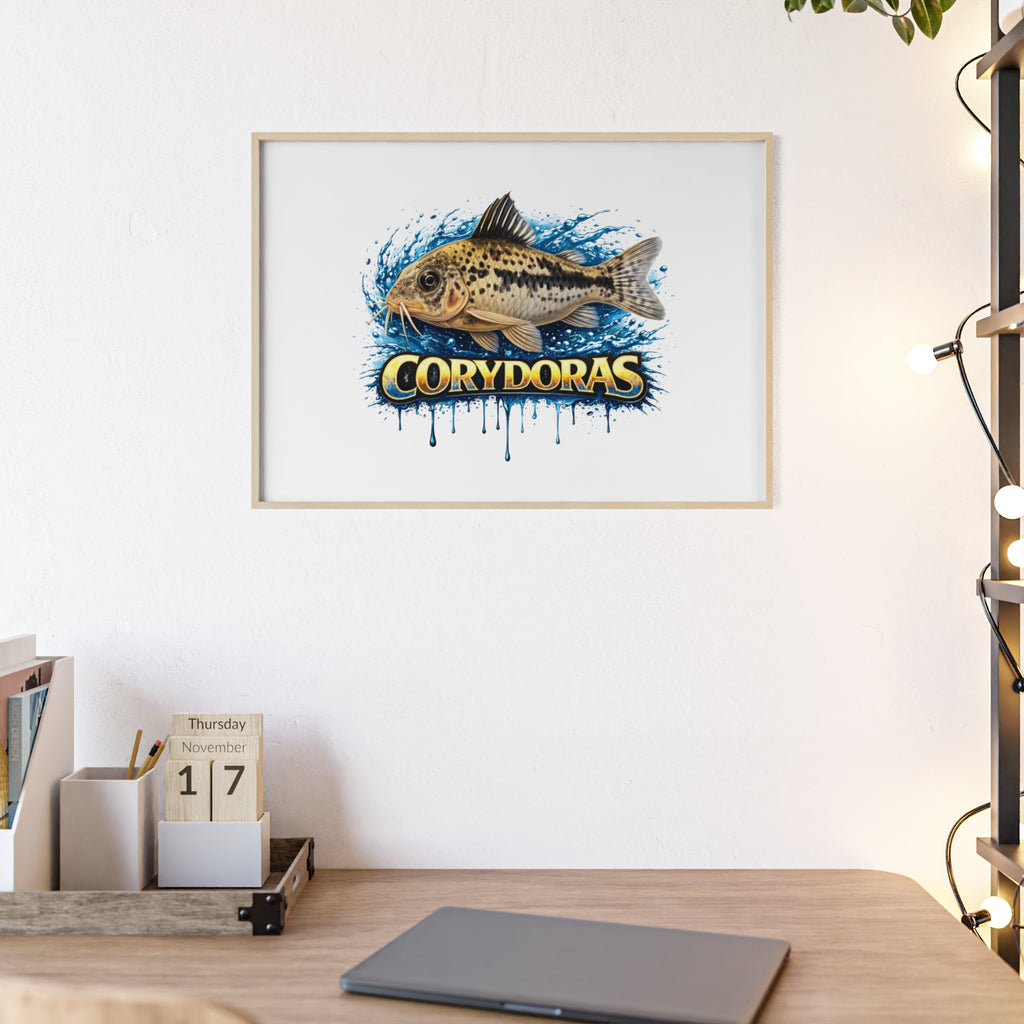 Peppered Corydoras Fish Poster with Wooden Frame — Aquarium Wall Art