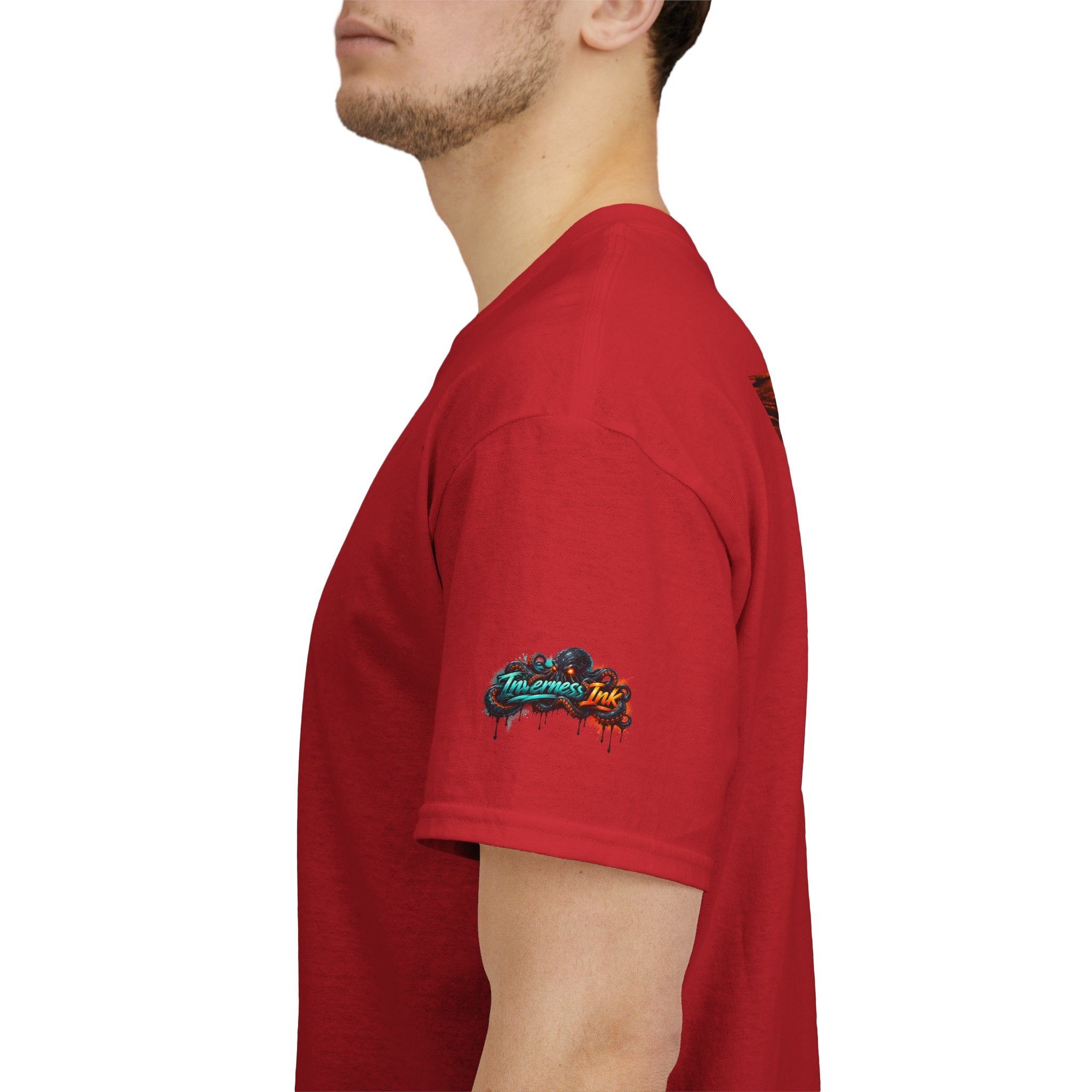 Inverness Ink Graphic Tee — Bold Blue & Orange Splash Backprint