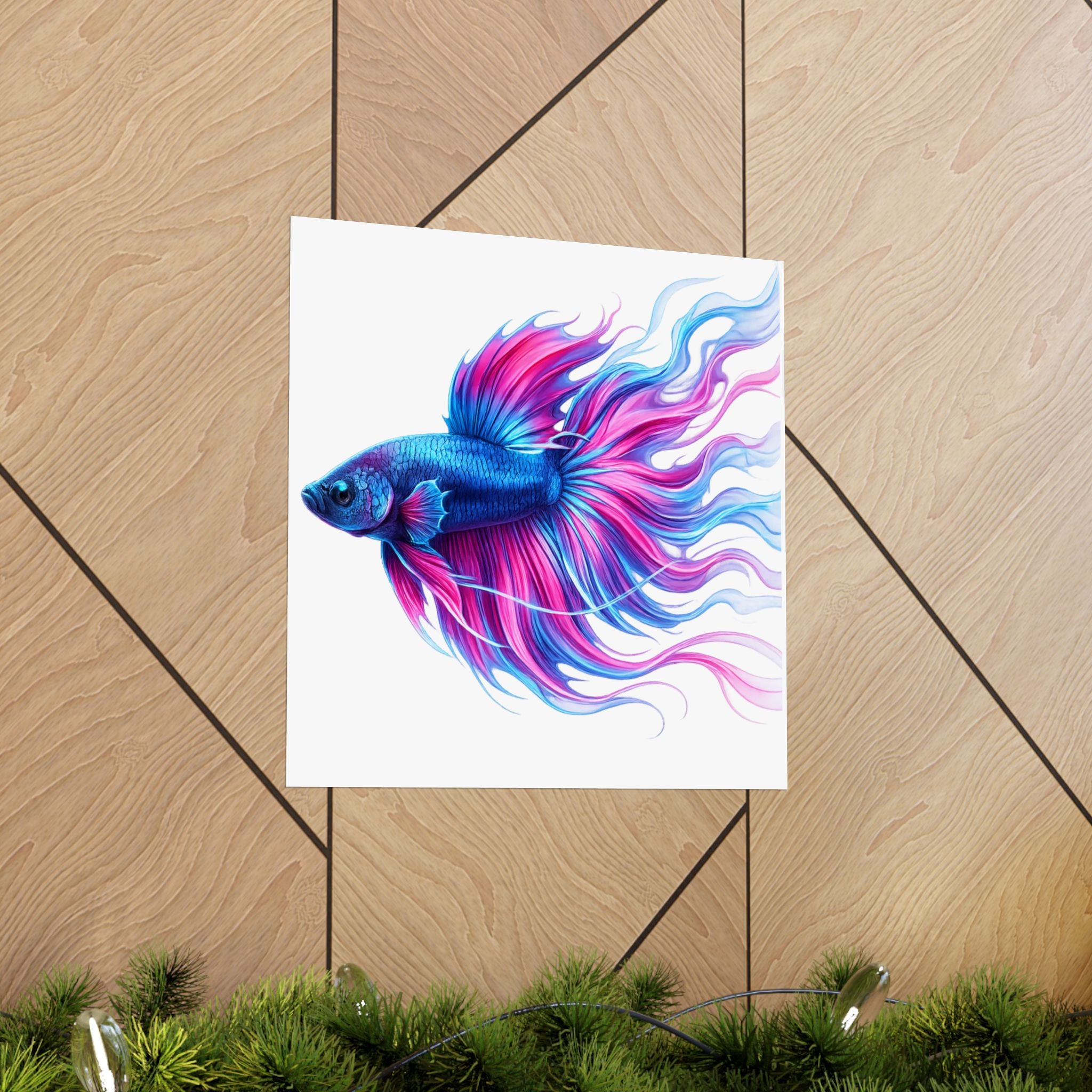 Betta Fish Art Poster — Colorful Blue & Pink Matte Vertical Wall Print