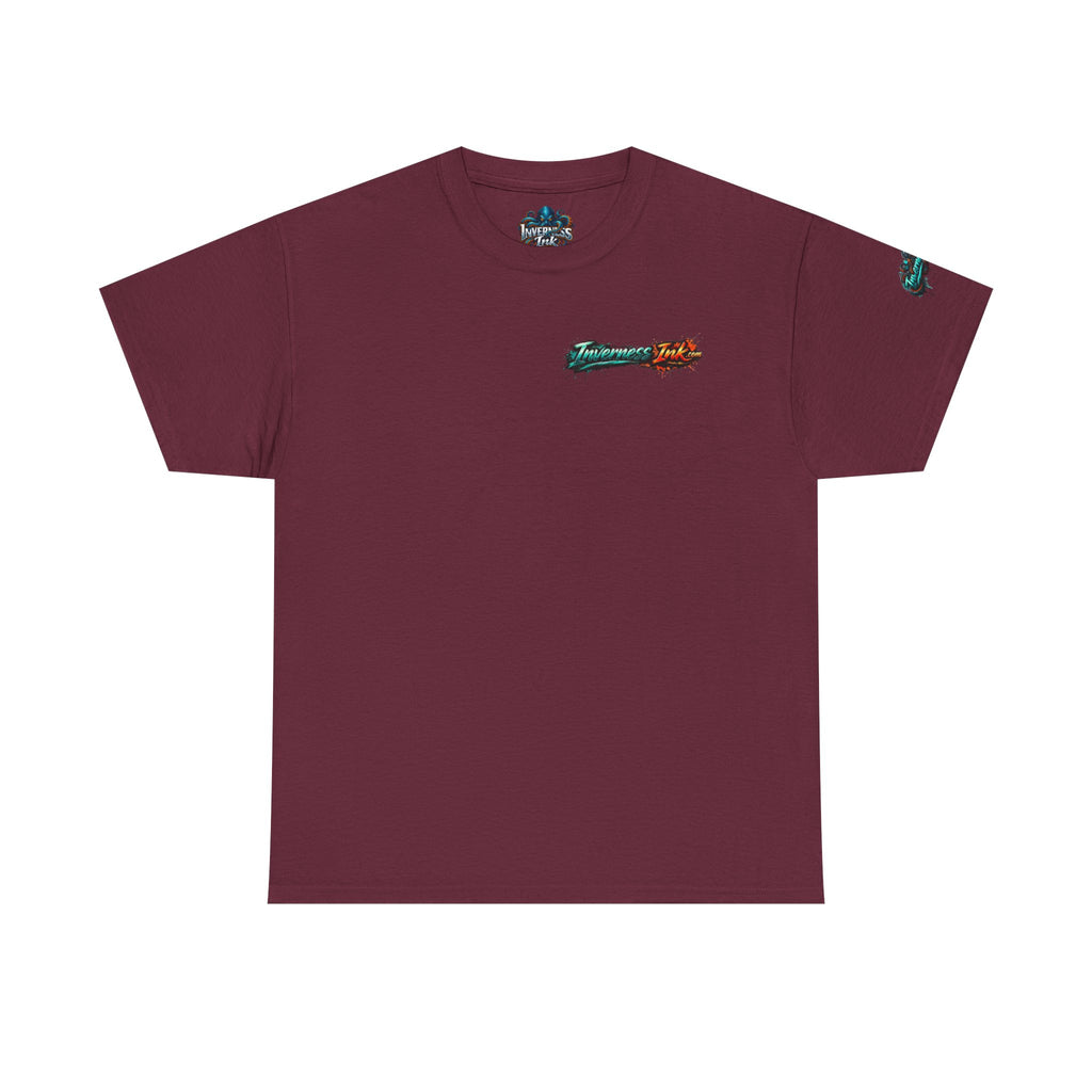Inverness Ink Graphic Tee — Bold Blue & Orange Splash Backprint