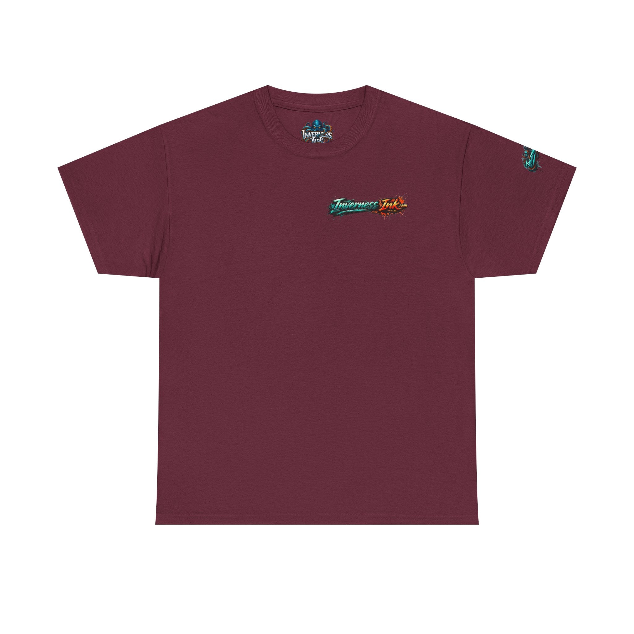Inverness Ink Graphic Tee — Bold Blue & Orange Splash Backprint