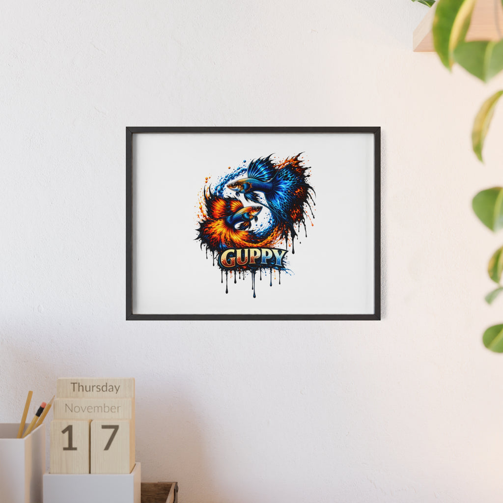 Guppy Fish Art Poster with Wooden Frame — Colorful Koi-Style Aquarium Print