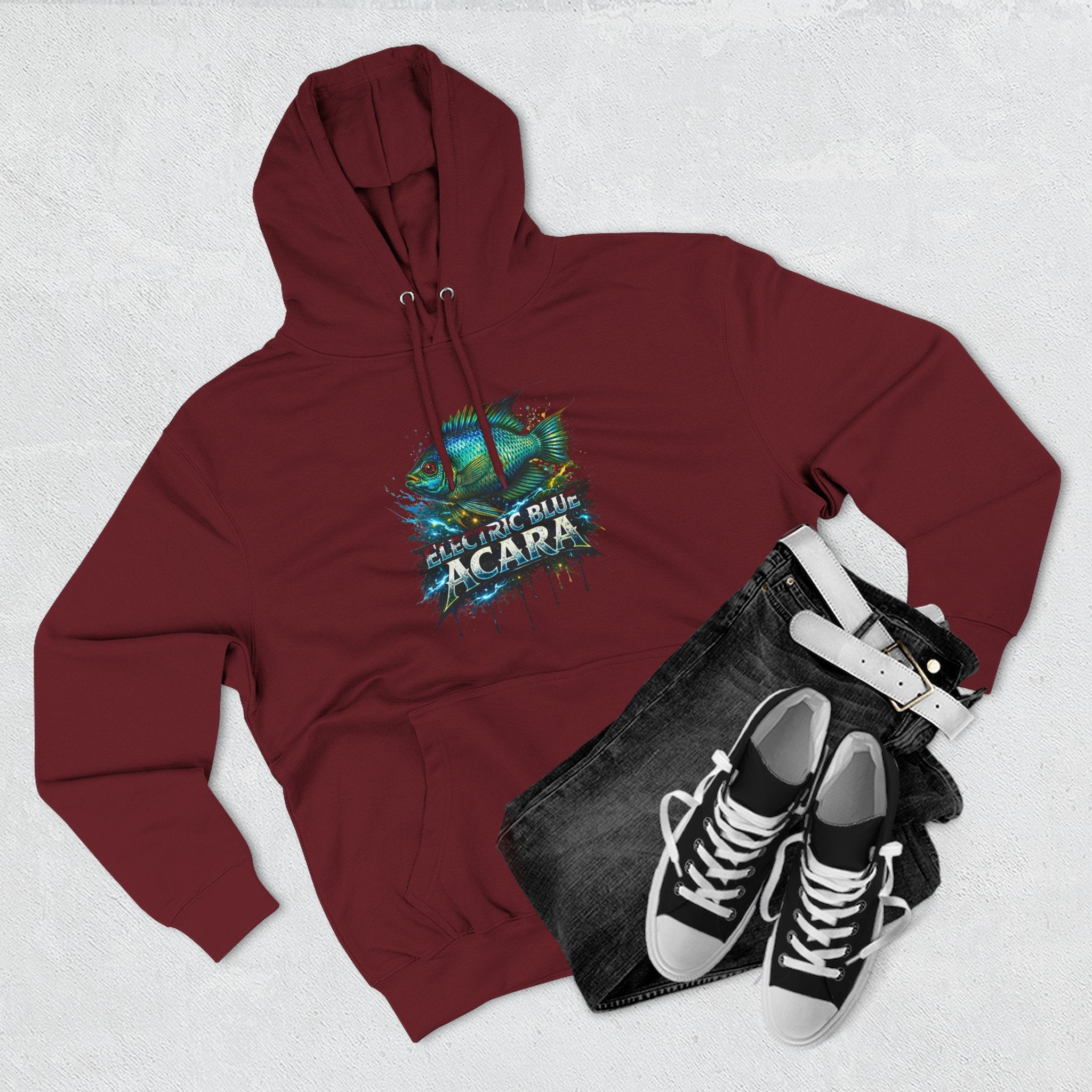 Electric Blue Acara Hoodie — Colorful Aquarium Fish Graphic Fleece Pullover