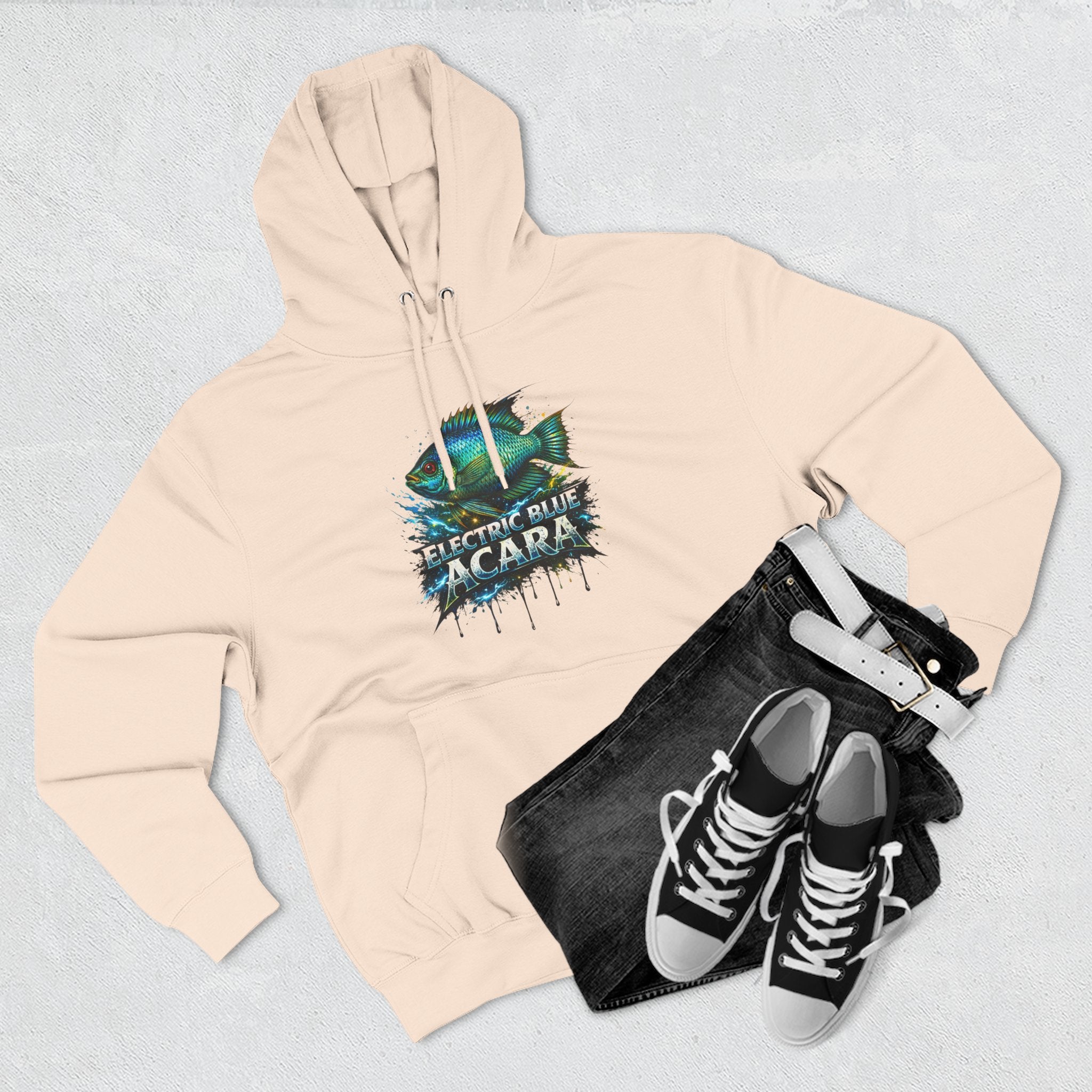 Electric Blue Acara Hoodie — Colorful Aquarium Fish Graphic Fleece Pullover