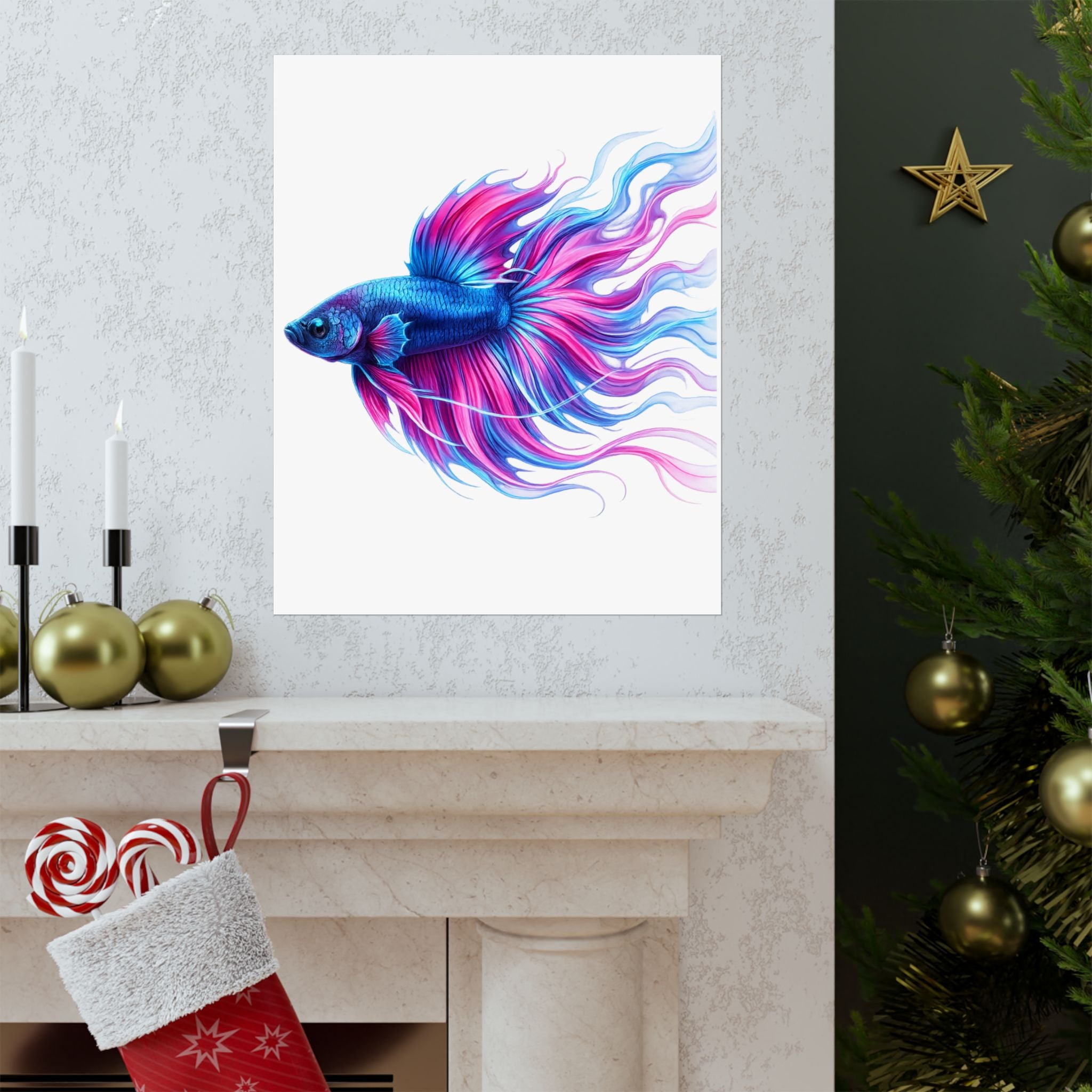 Betta Fish Art Poster — Colorful Blue & Pink Matte Vertical Wall Print