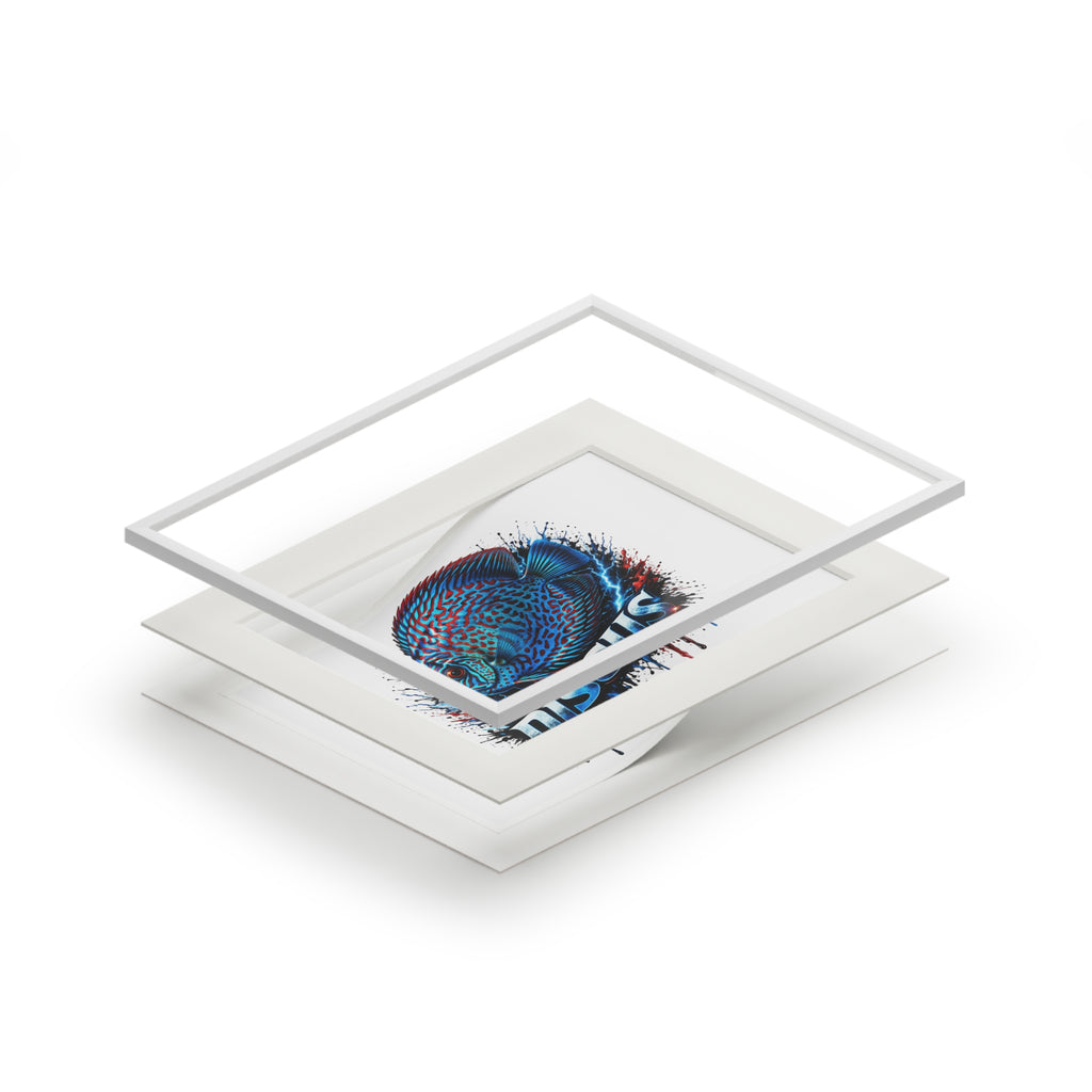 Discus Fish Fine Art Print with Passepartout Frame — Vibrant Blue Aquarium Wall Art