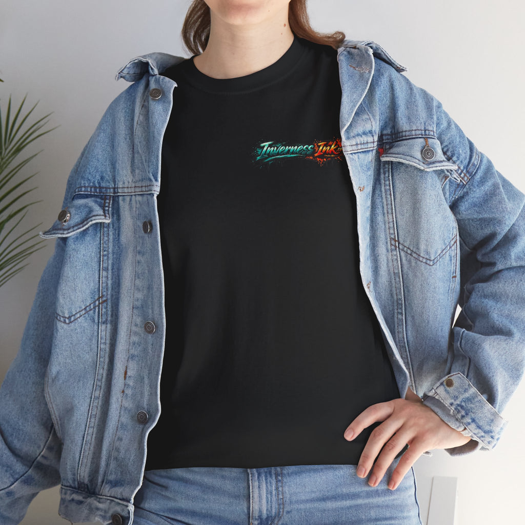 Inverness Ink Graphic Tee — Bold Blue & Orange Splash Backprint