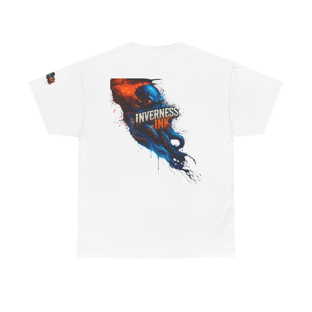 Inverness Ink Graphic Tee — Bold Blue & Orange Splash Backprint