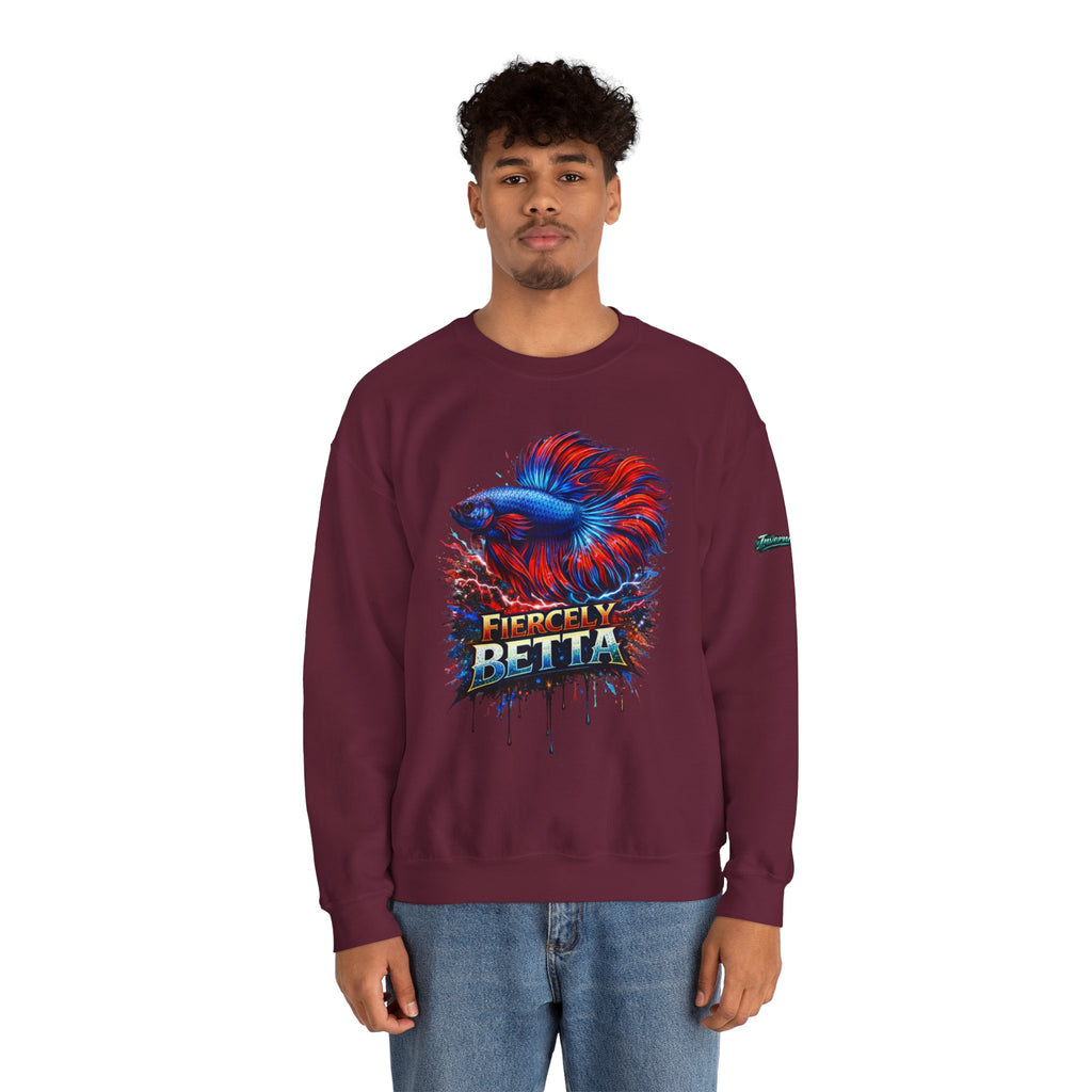 Betta Fish Crewneck Sweatshirt — "Fiercely Betta" Colorful Aquarium Graphic