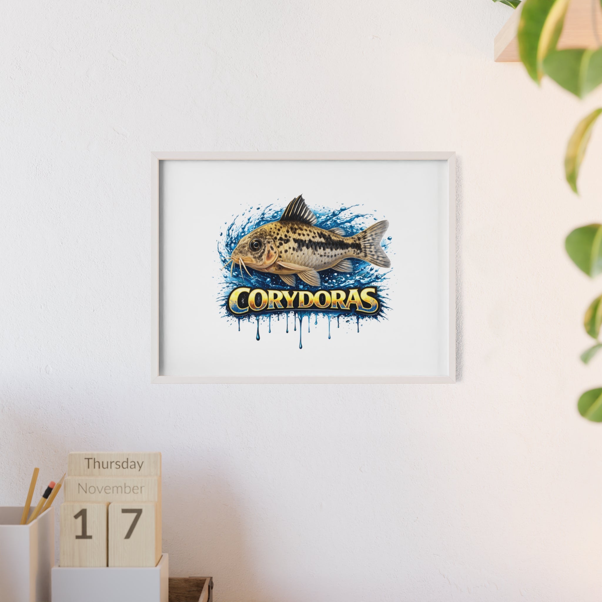 Peppered Corydoras Fish Poster with Wooden Frame — Aquarium Wall Art