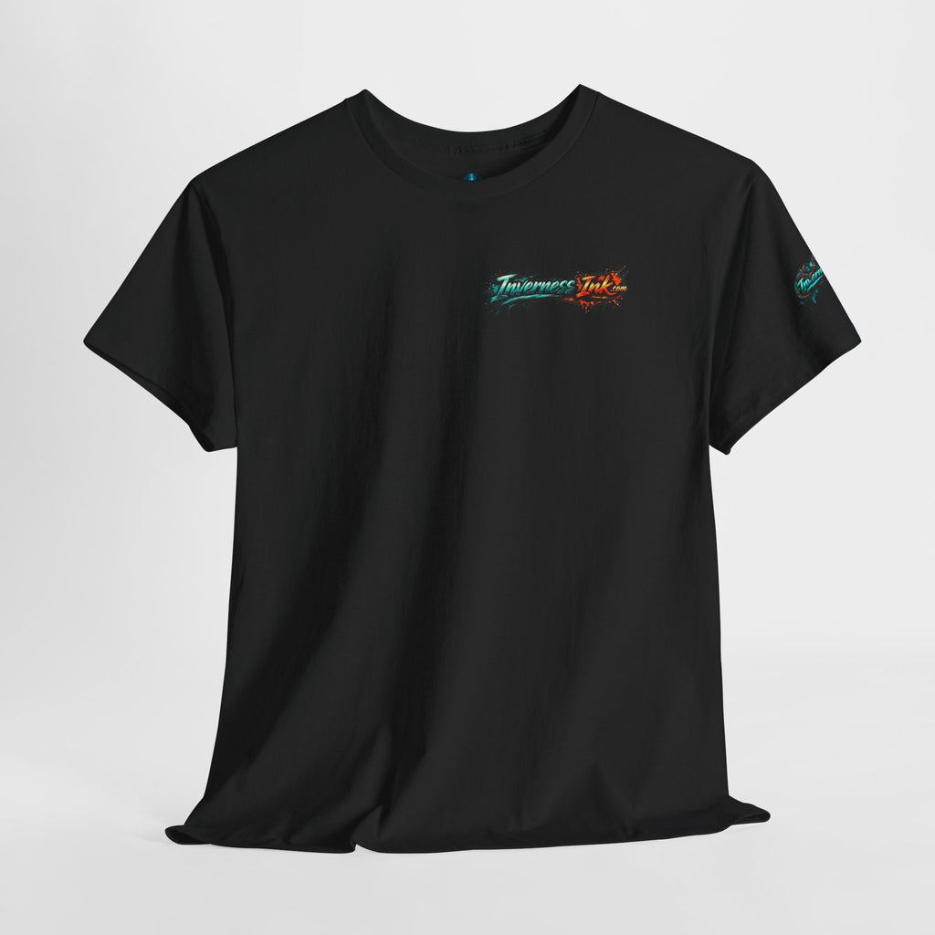 Inverness Ink Graphic Tee — Bold Blue & Orange Splash Backprint