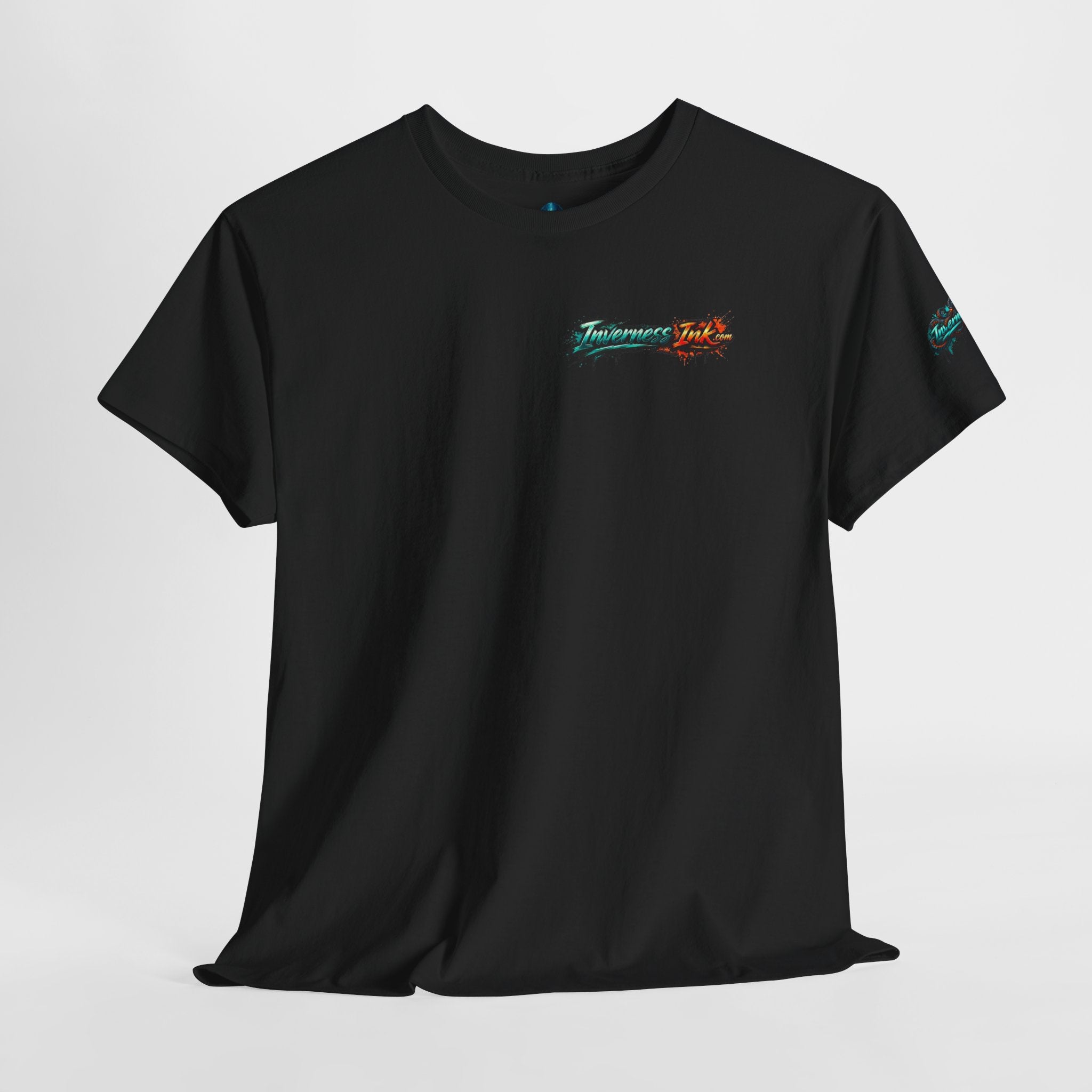 Inverness Ink Graphic Tee — Bold Blue & Orange Splash Backprint