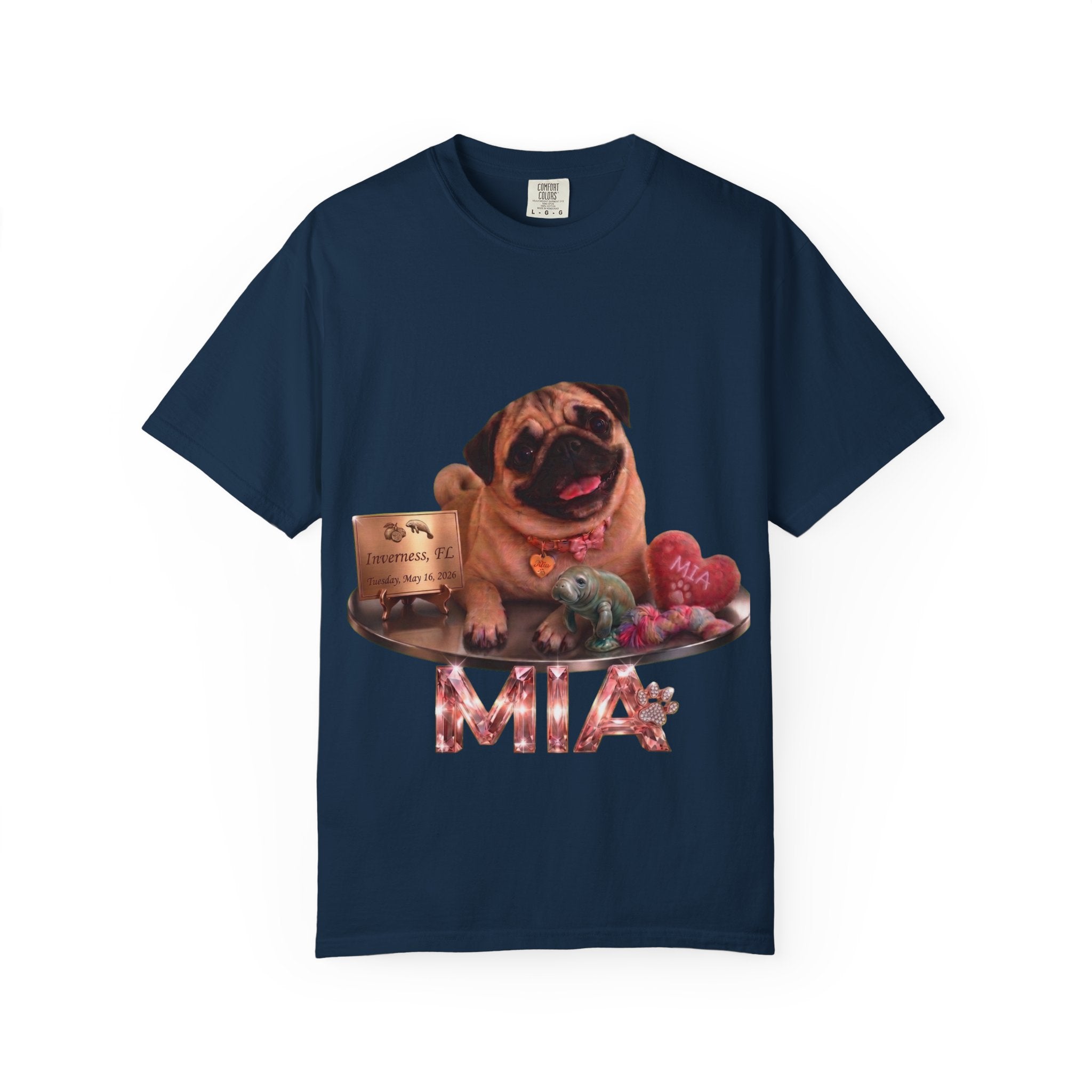 Pug Pet Portrait T-Shirt — Personalized "MIA" Dog Design