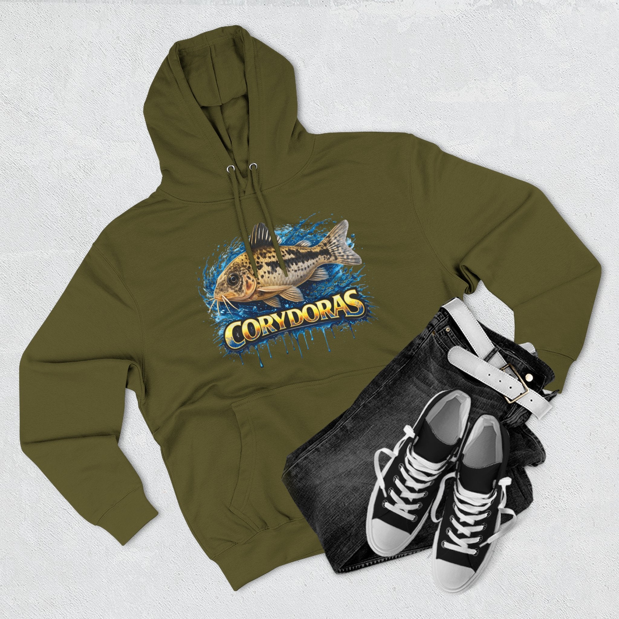 Peppered Corydoras Midweight Fleece Hoodie — Aquatic Catfish Illustration Pullover