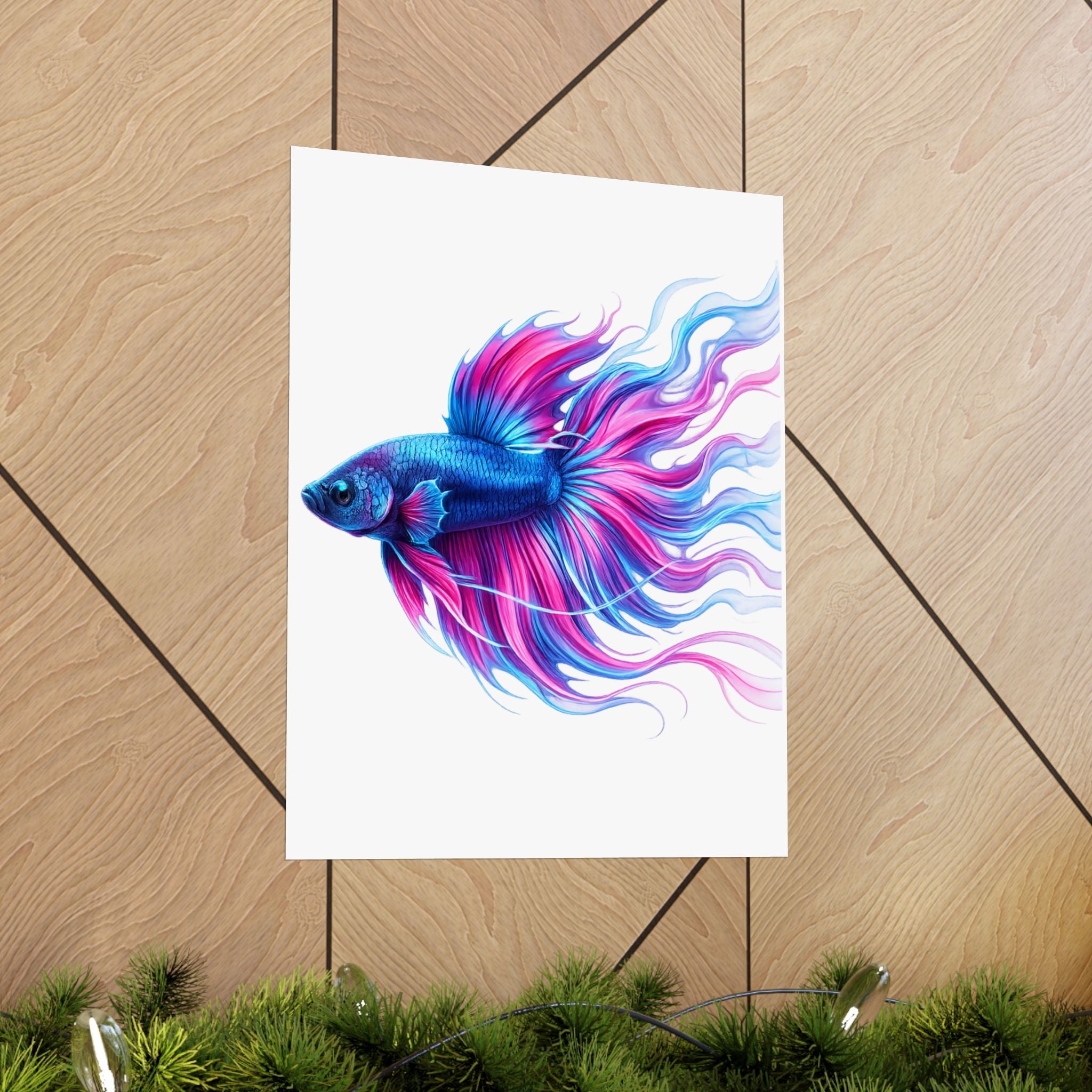 Betta Fish Art Poster — Colorful Blue & Pink Matte Vertical Wall Print