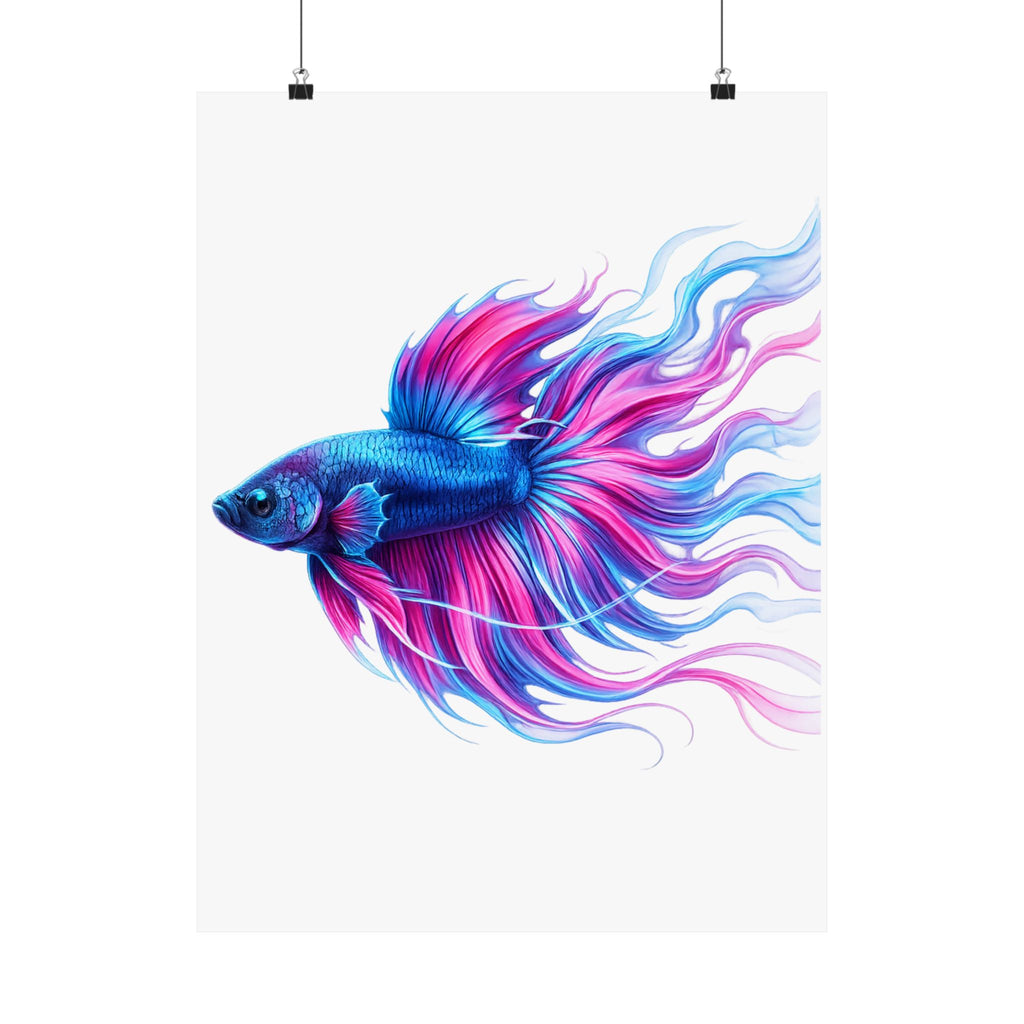 Betta Fish Art Poster — Colorful Blue & Pink Matte Vertical Wall Print