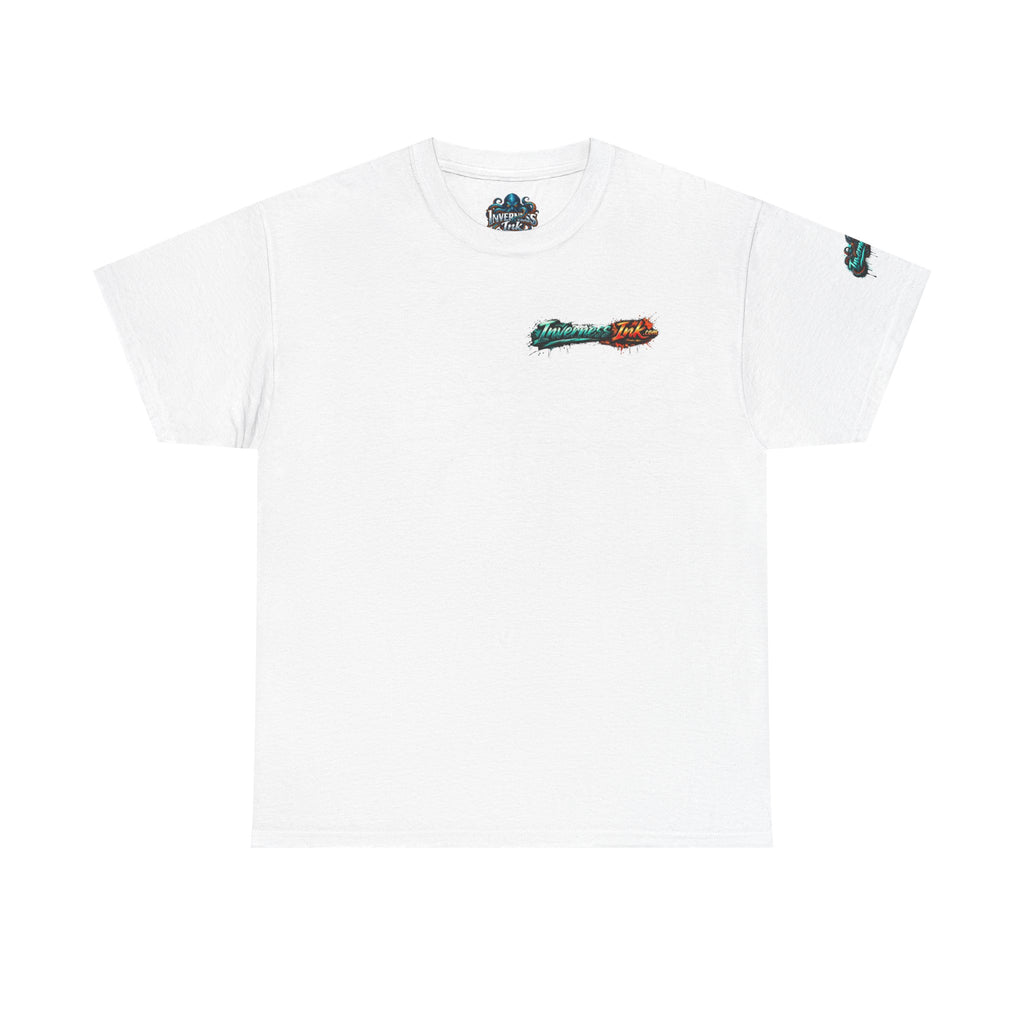 Inverness Ink Graphic Tee — Bold Blue & Orange Splash Backprint
