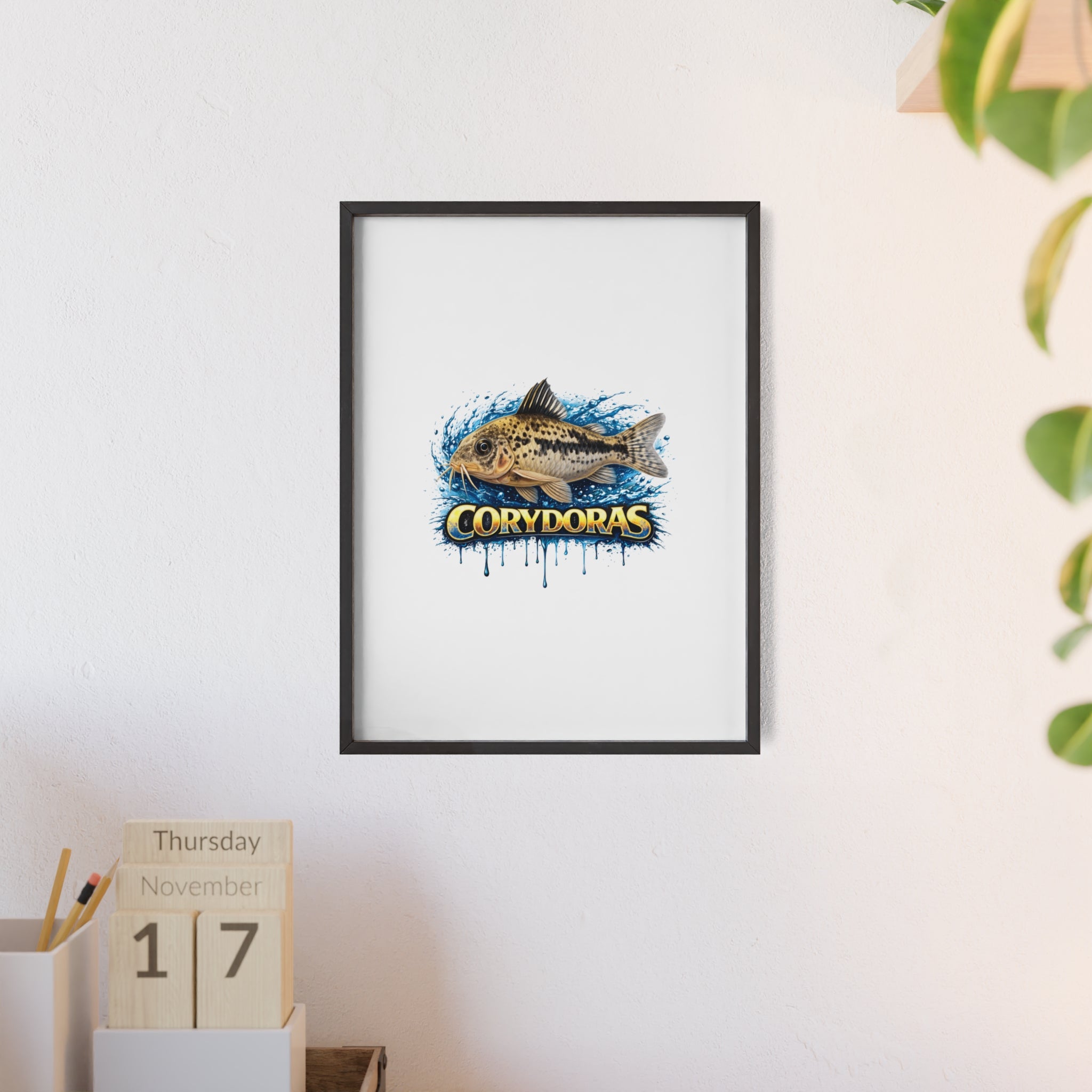 Peppered Corydoras Fish Poster with Wooden Frame — Aquarium Wall Art