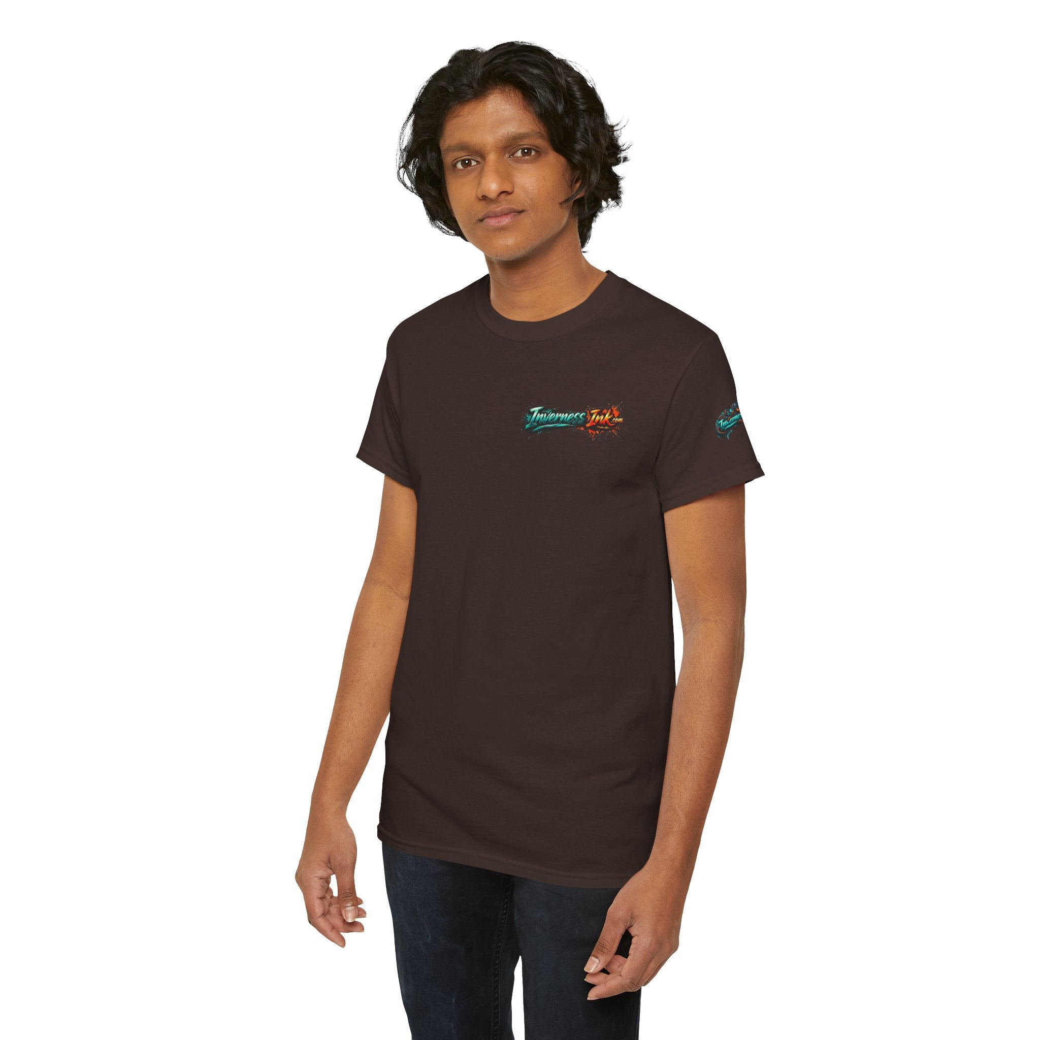 Inverness Ink Graphic Tee — Bold Blue & Orange Splash Backprint