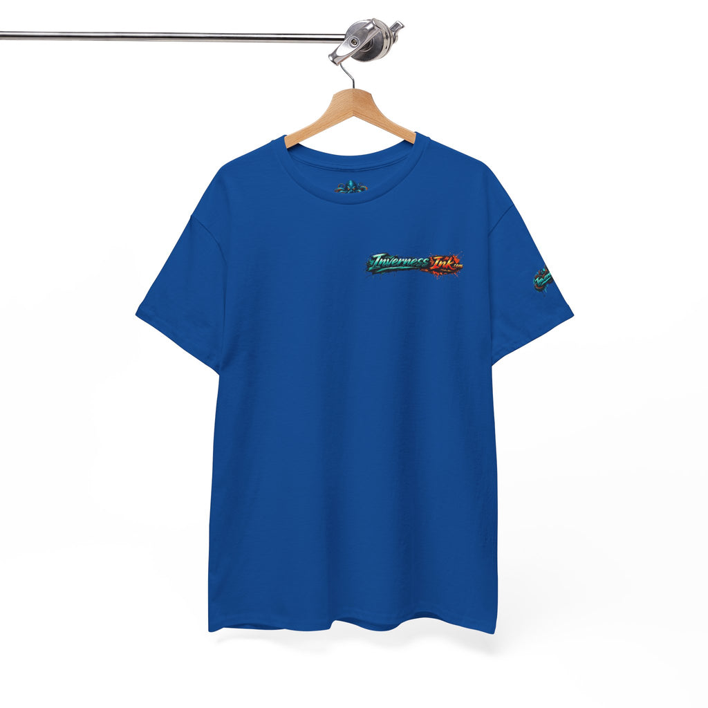 Inverness Ink Graphic Tee — Bold Blue & Orange Splash Backprint
