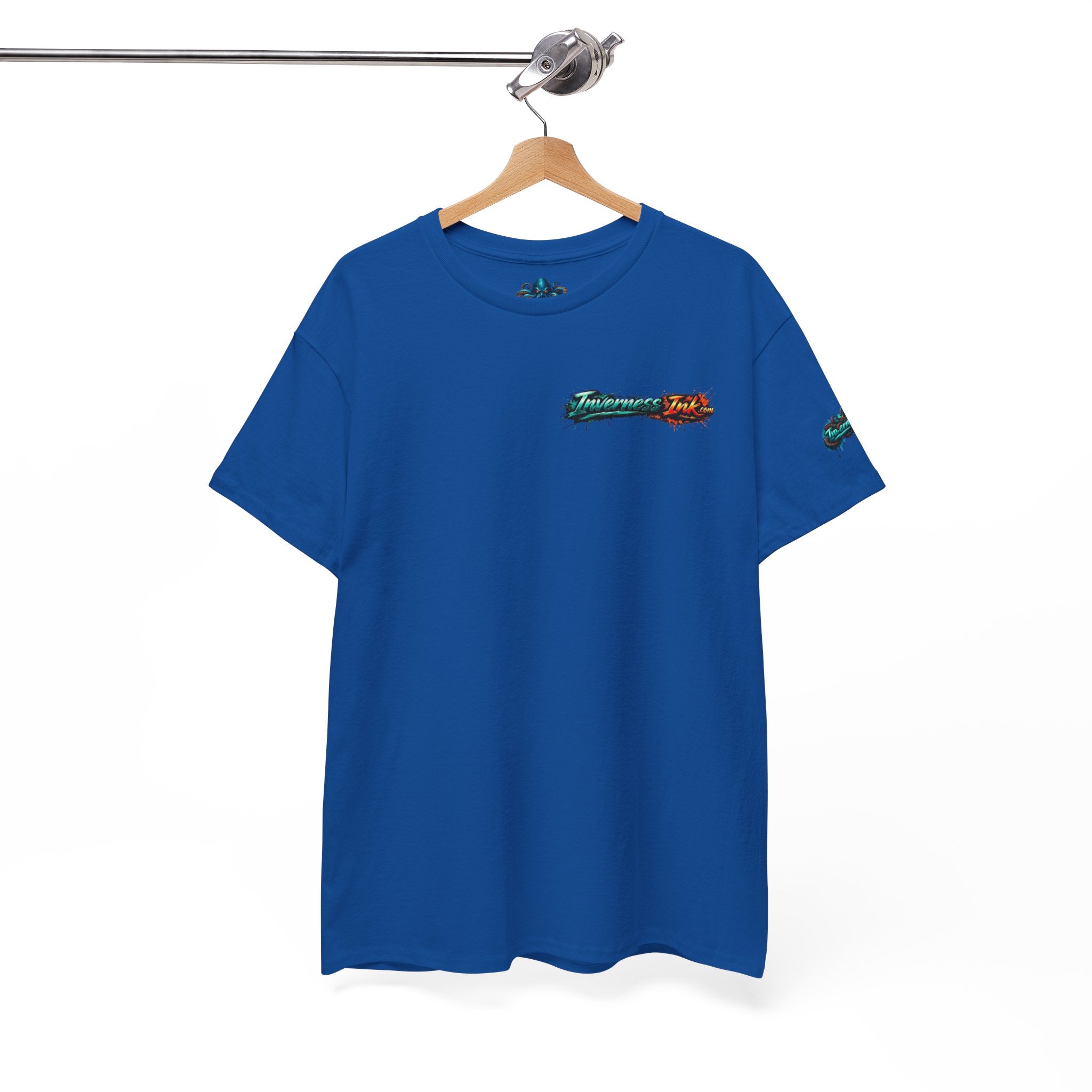 Inverness Ink Graphic Tee — Bold Blue & Orange Splash Backprint
