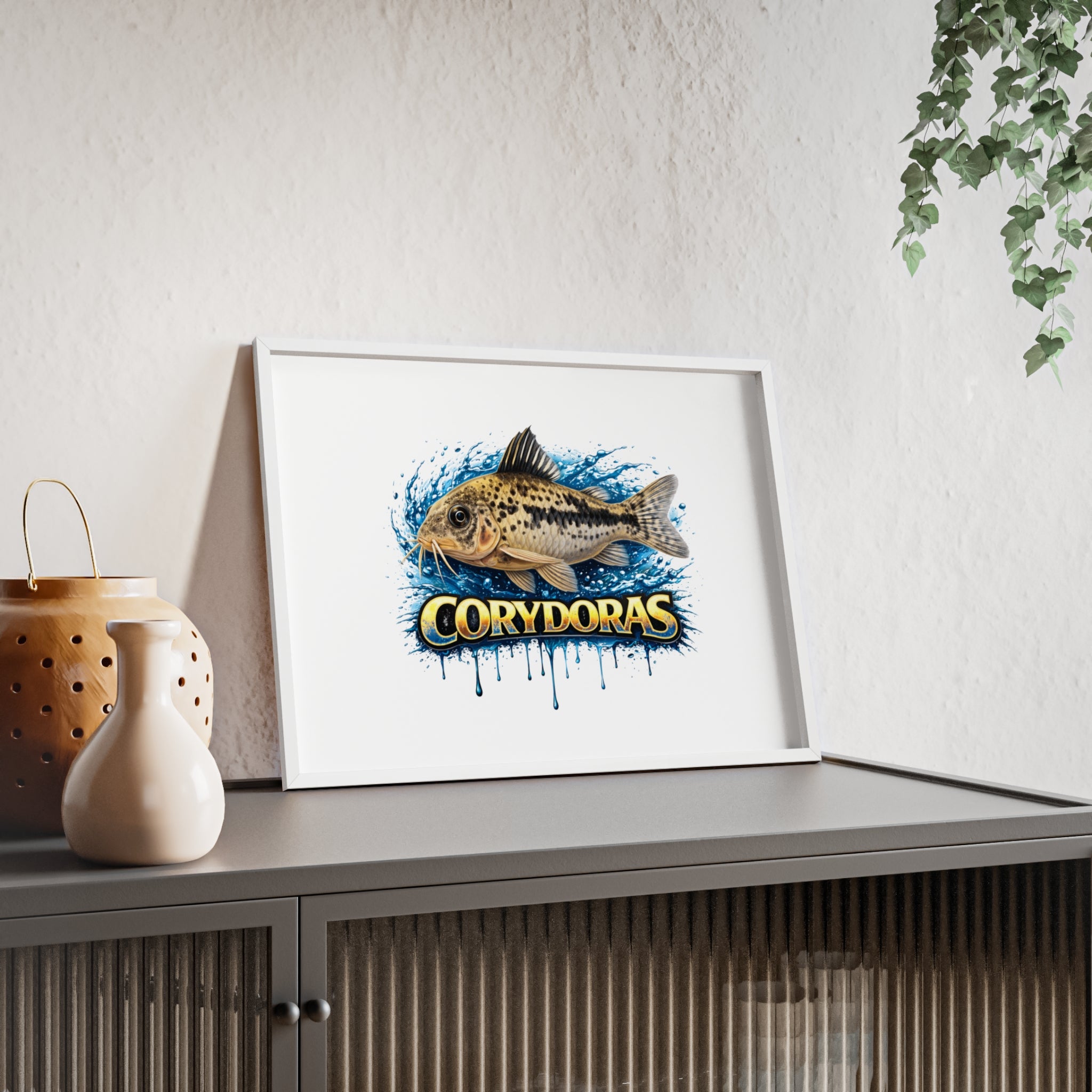 Peppered Corydoras Fish Poster with Wooden Frame — Aquarium Wall Art