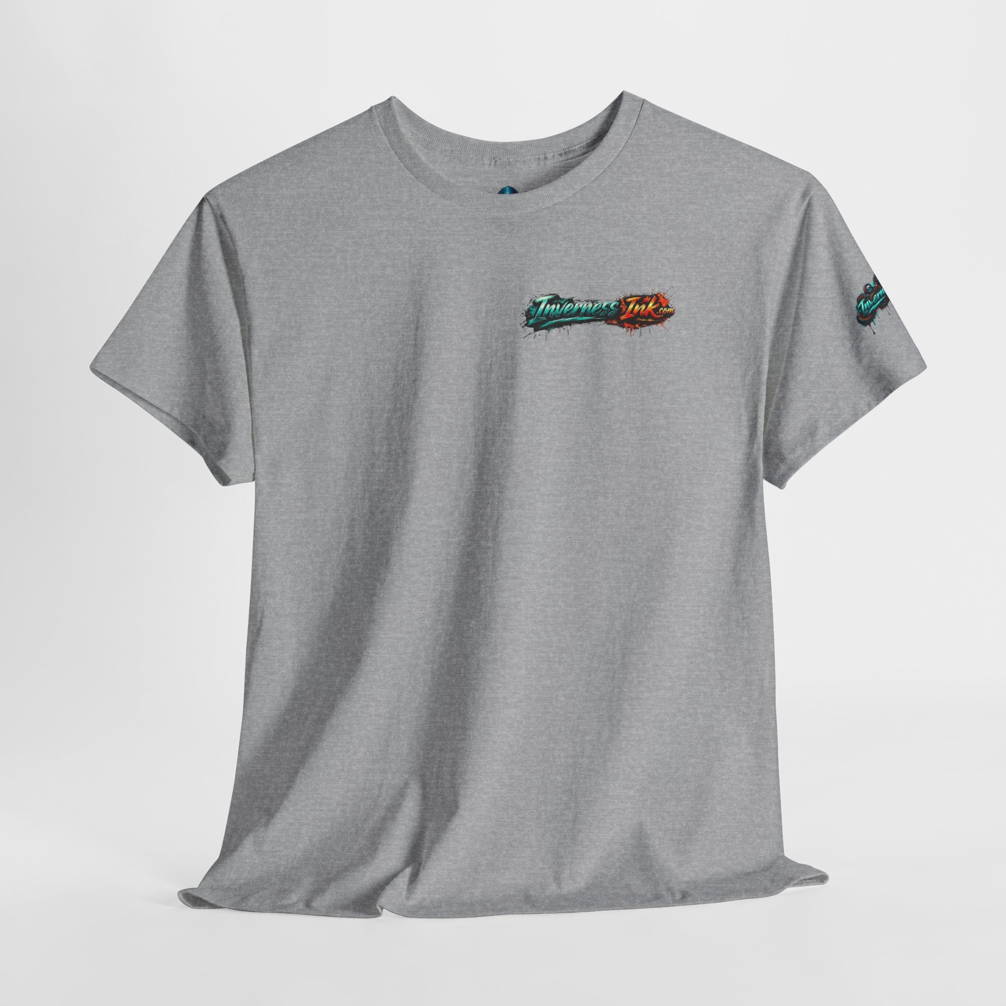 Inverness Ink Graphic Tee — Bold Blue & Orange Splash Backprint