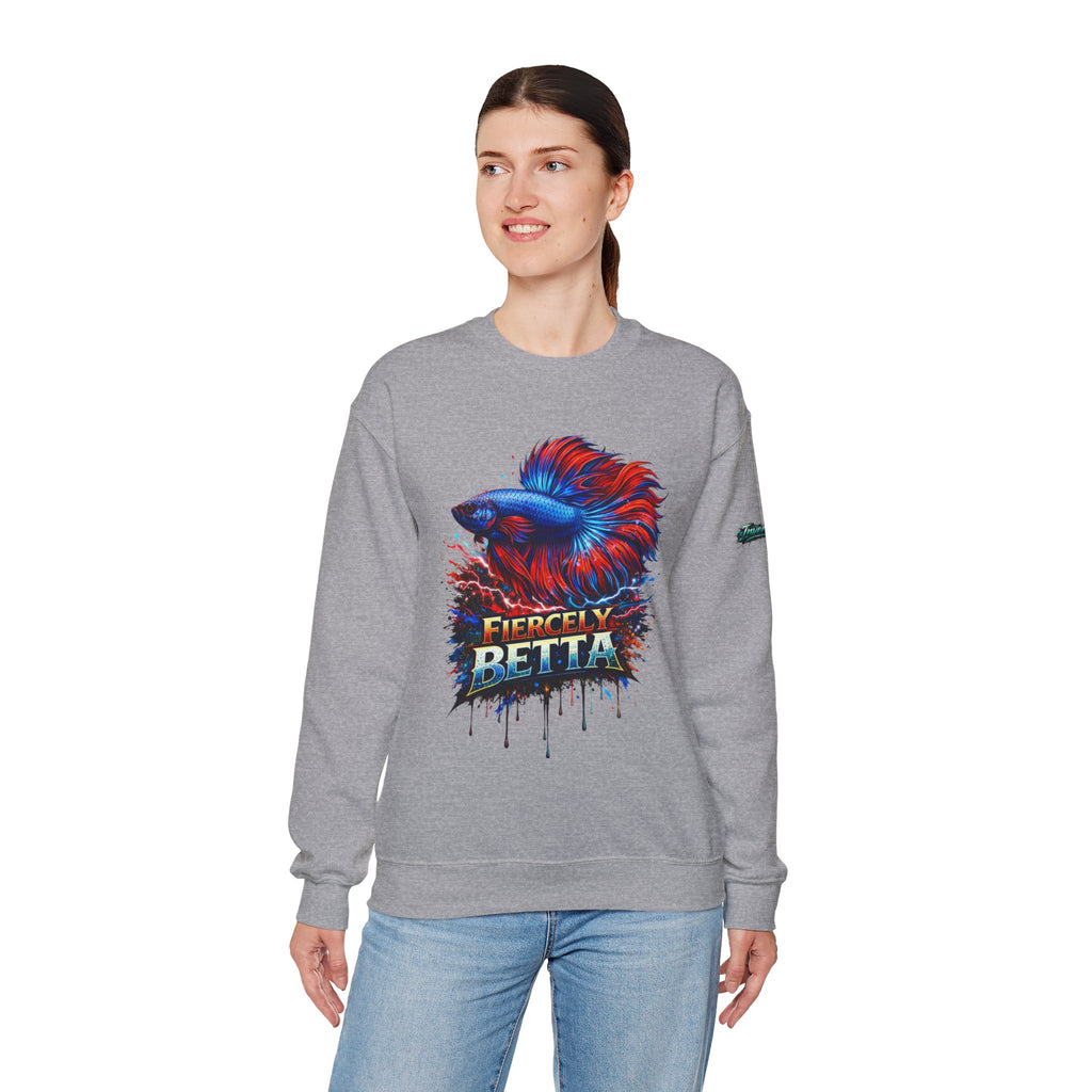 Betta Fish Crewneck Sweatshirt — "Fiercely Betta" Colorful Aquarium Graphic