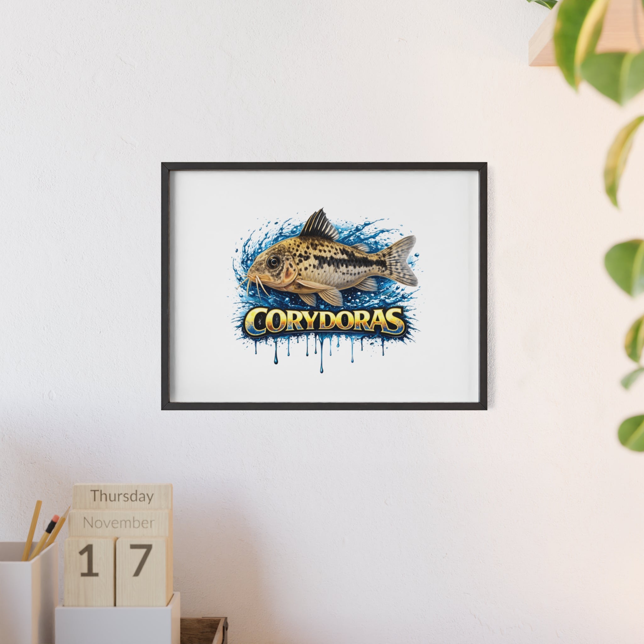 Peppered Corydoras Fish Poster with Wooden Frame — Aquarium Wall Art
