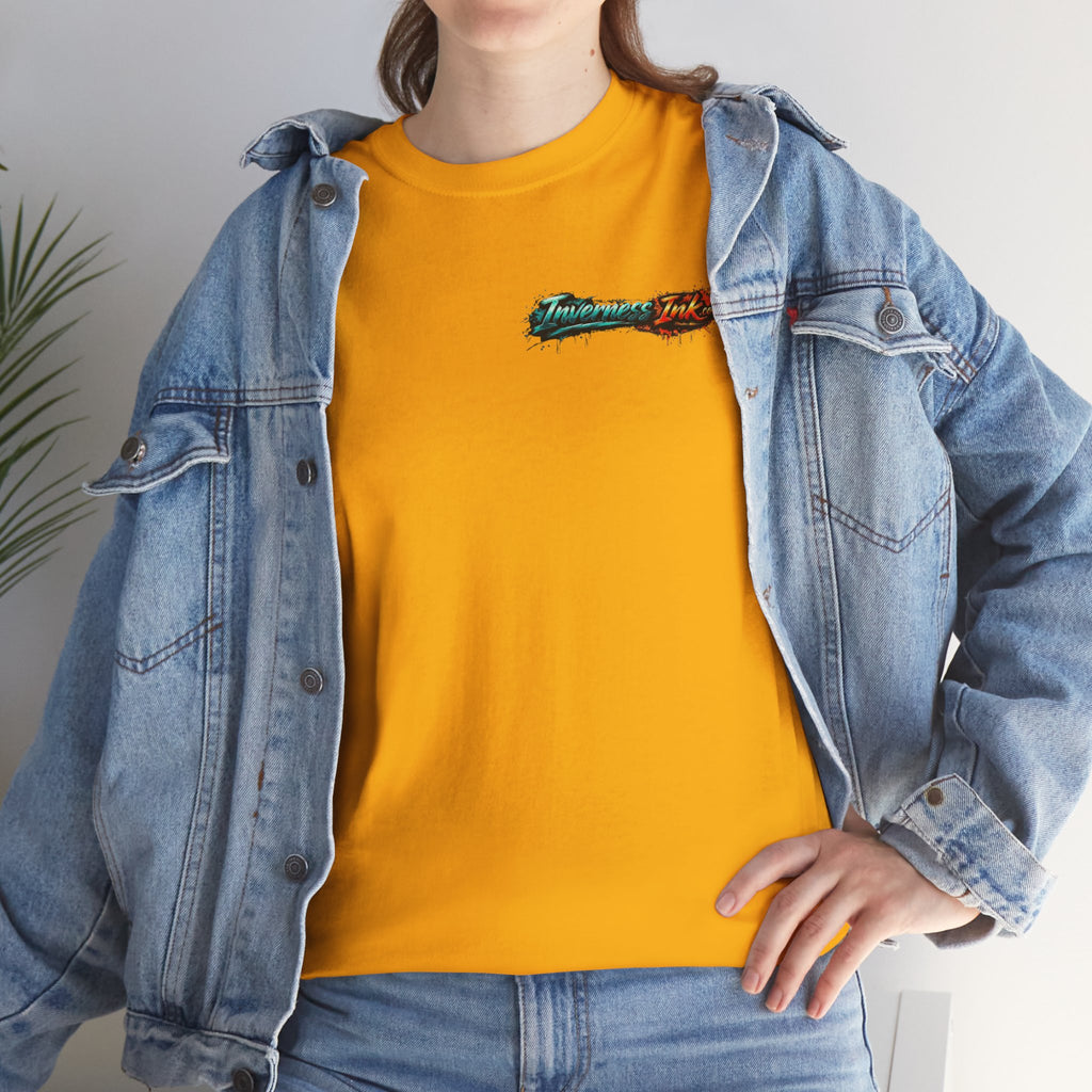 Inverness Ink Graphic Tee — Bold Blue & Orange Splash Backprint