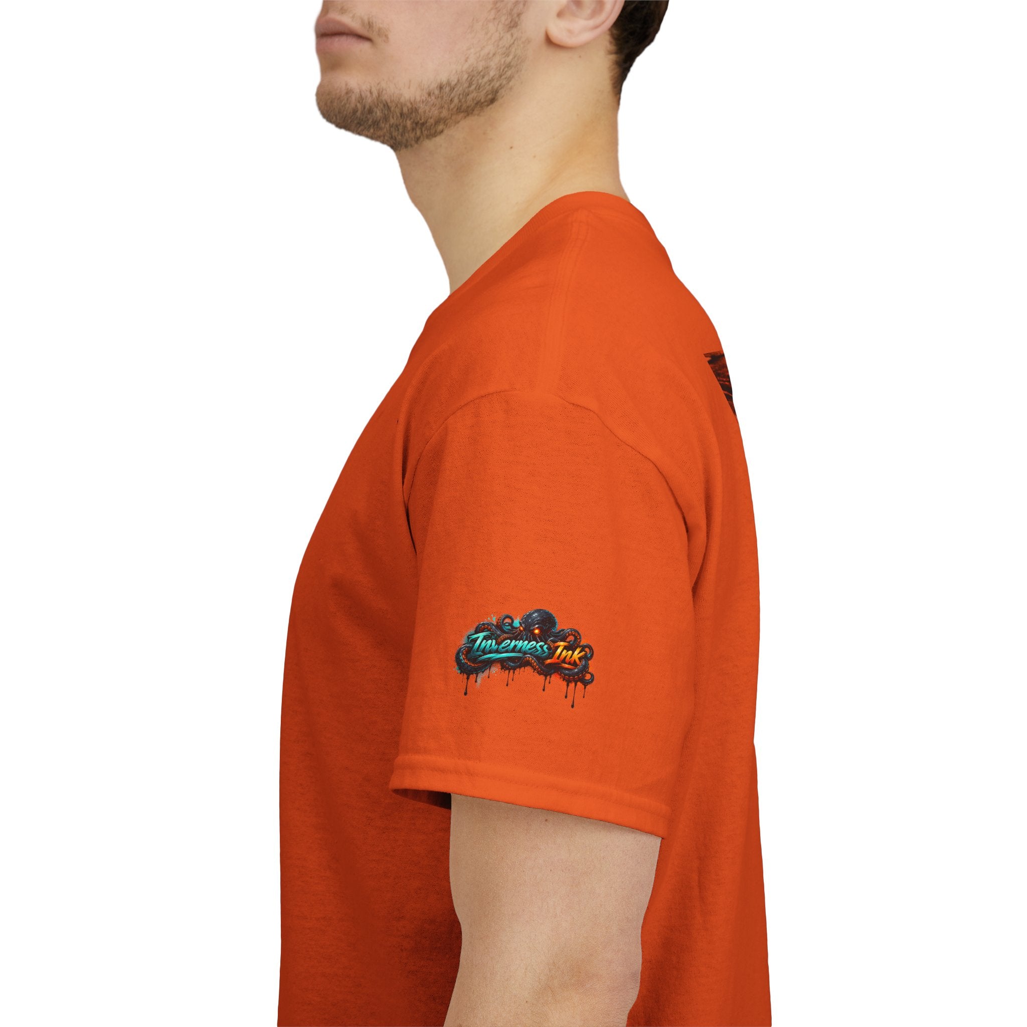 Inverness Ink Graphic Tee — Bold Blue & Orange Splash Backprint