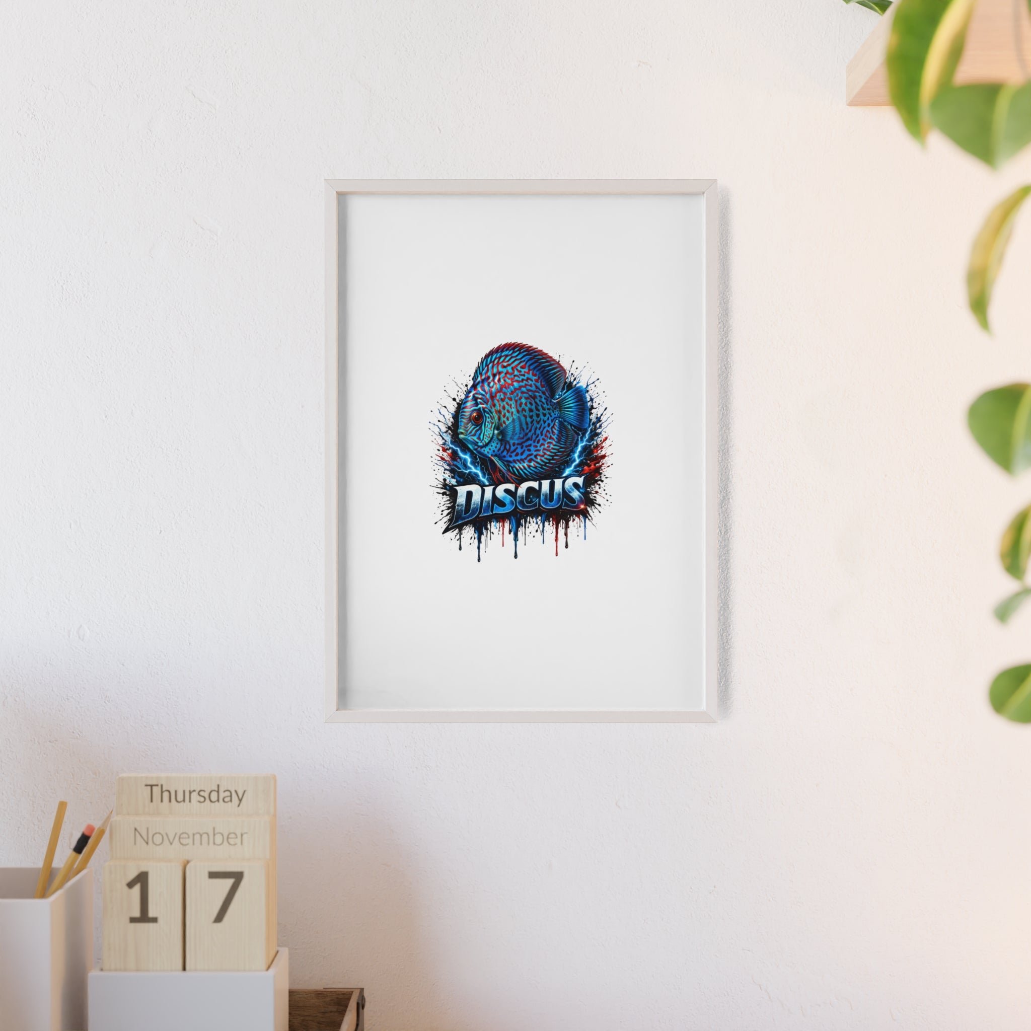 Discus Fish Poster with Wooden Frame — Colorful Aquarium Art Print