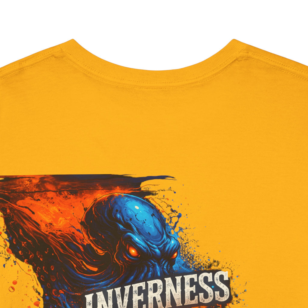 Inverness Ink Graphic Tee — Bold Blue & Orange Splash Backprint