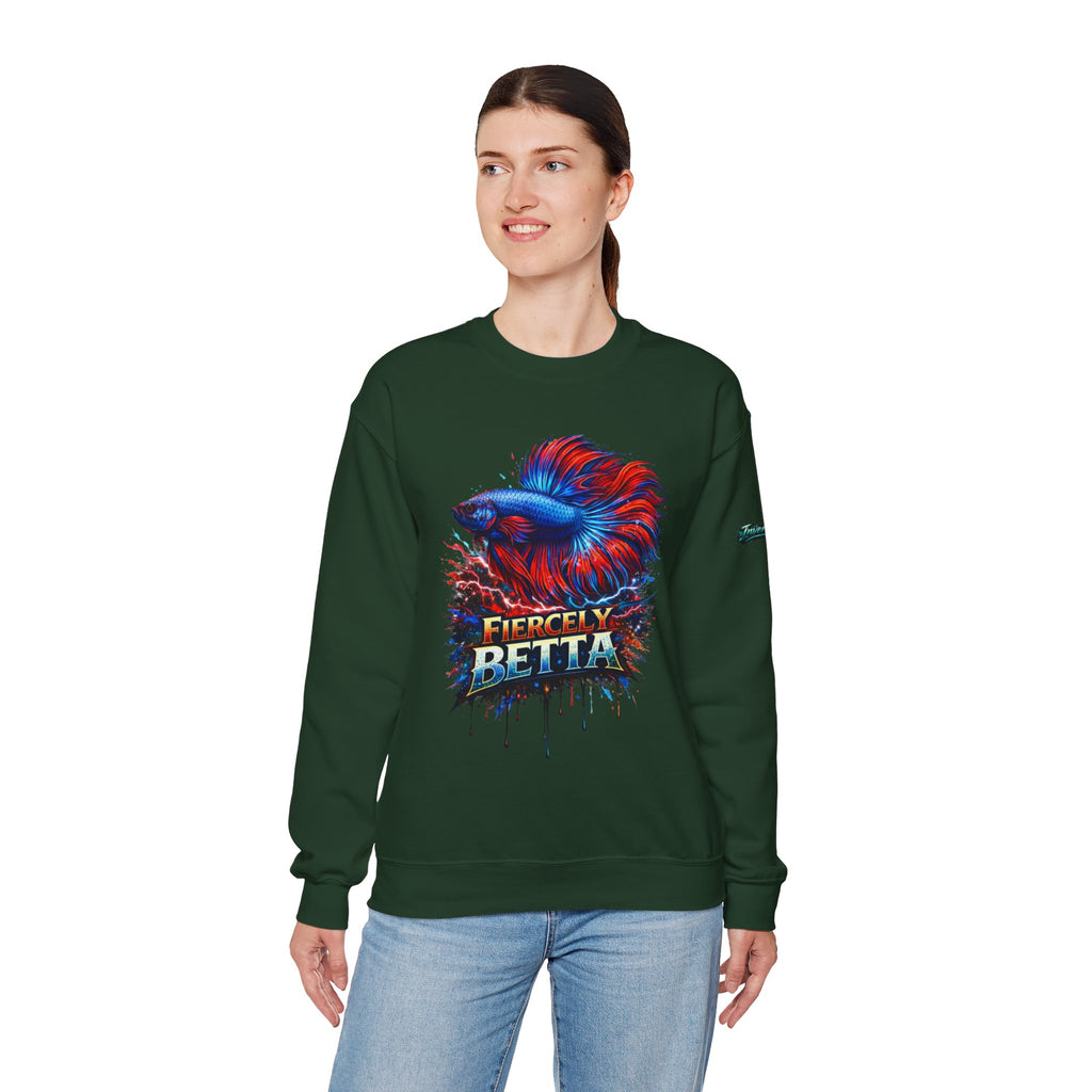Betta Fish Crewneck Sweatshirt — "Fiercely Betta" Colorful Aquarium Graphic
