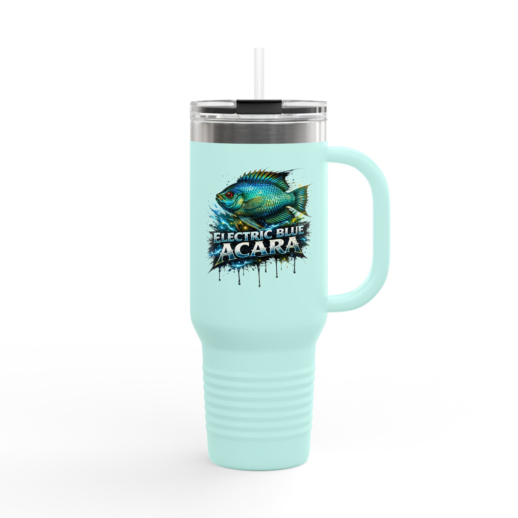 40oz Insulated Travel Mug - 'Electric Blue Acara' Fish Graphic, Leak-Resistant Tumbler for Aquarium Enthusiasts