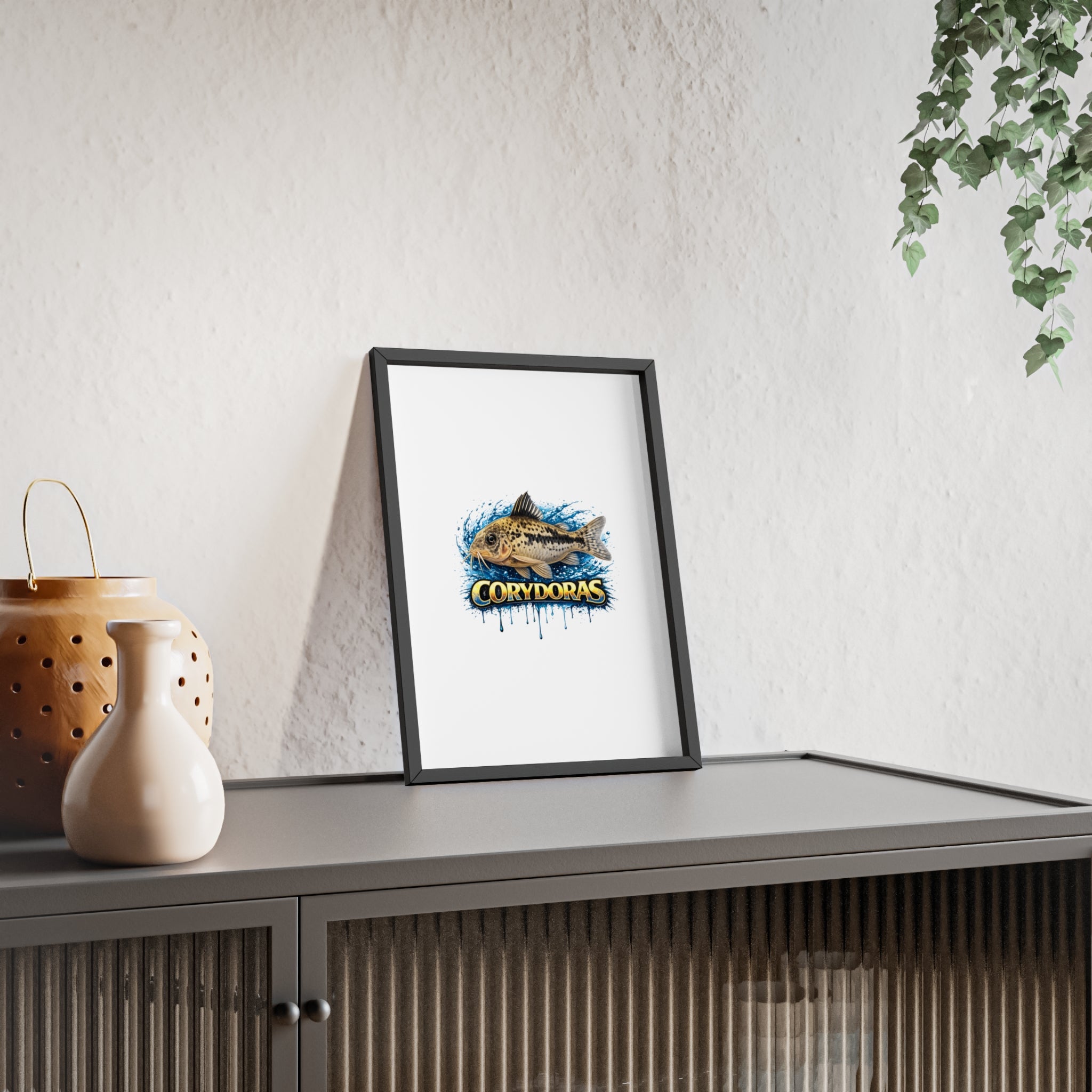 Peppered Corydoras Fish Poster with Wooden Frame — Aquarium Wall Art
