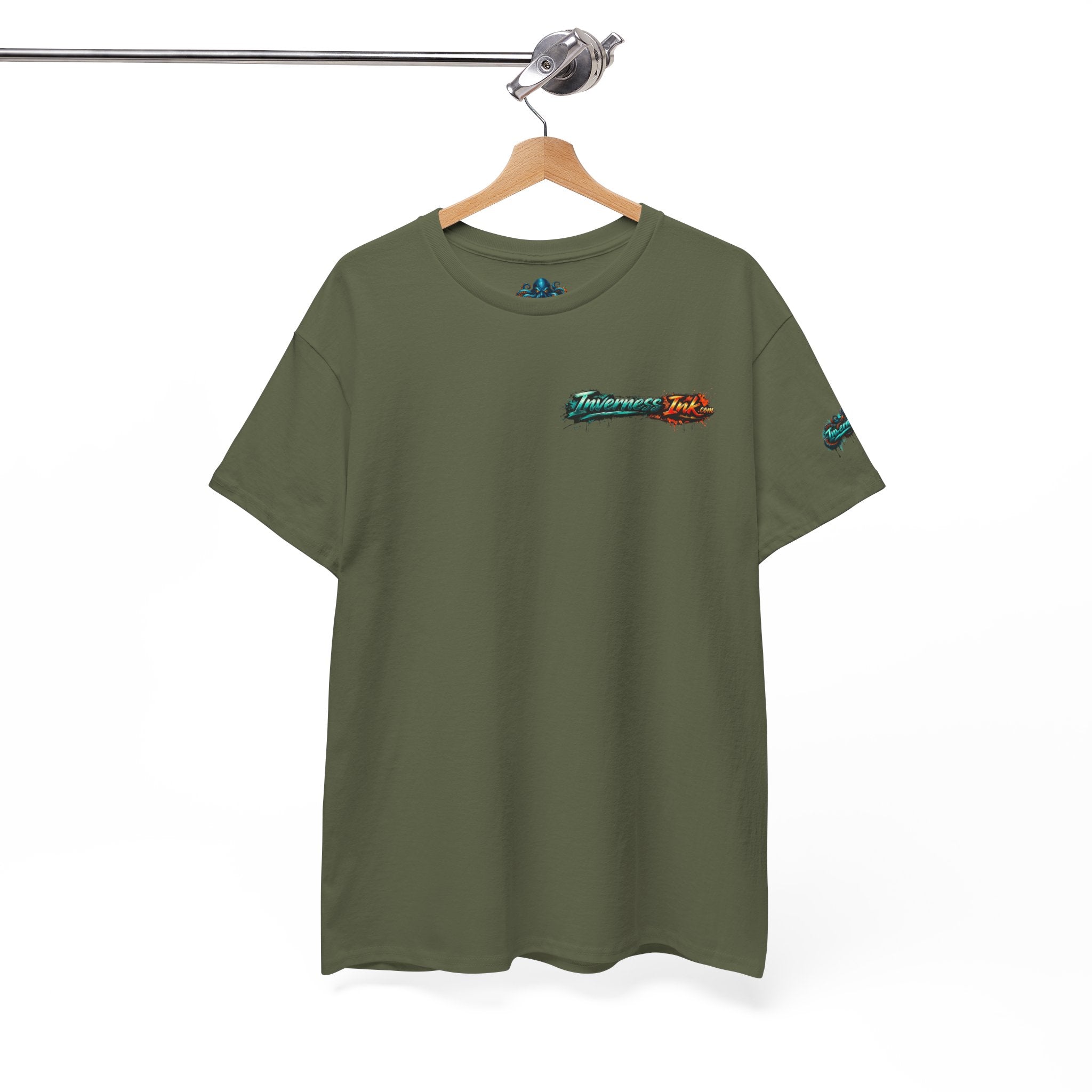 Inverness Ink Graphic Tee — Bold Blue & Orange Splash Backprint
