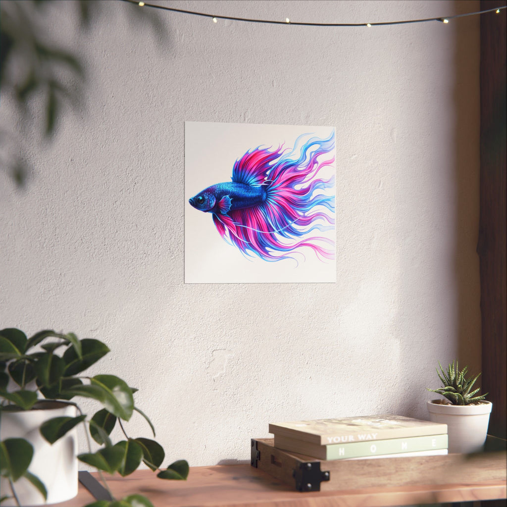 Betta Fish Art Poster — Colorful Blue & Pink Matte Vertical Wall Print