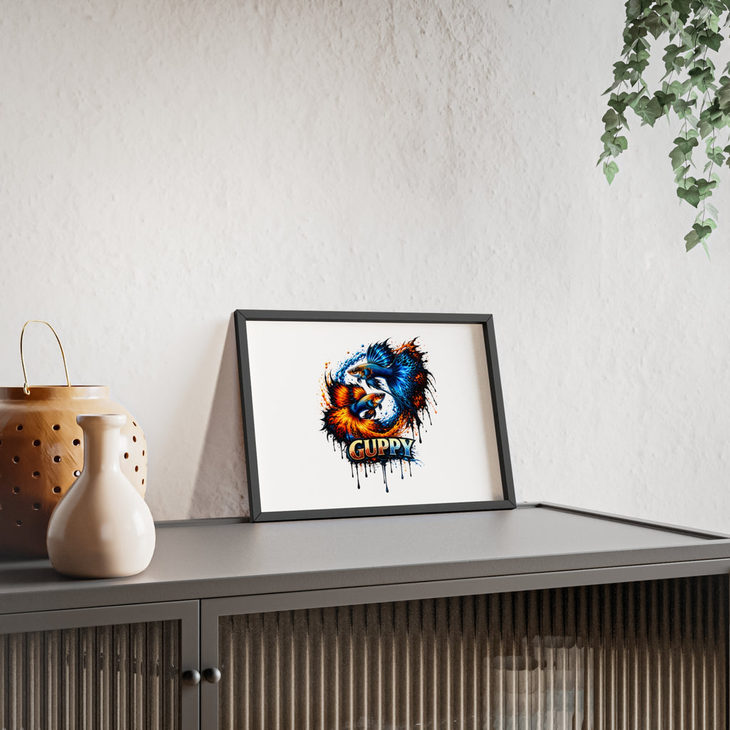 Guppy Fish Art Poster with Wooden Frame — Colorful Koi-Style Aquarium Print