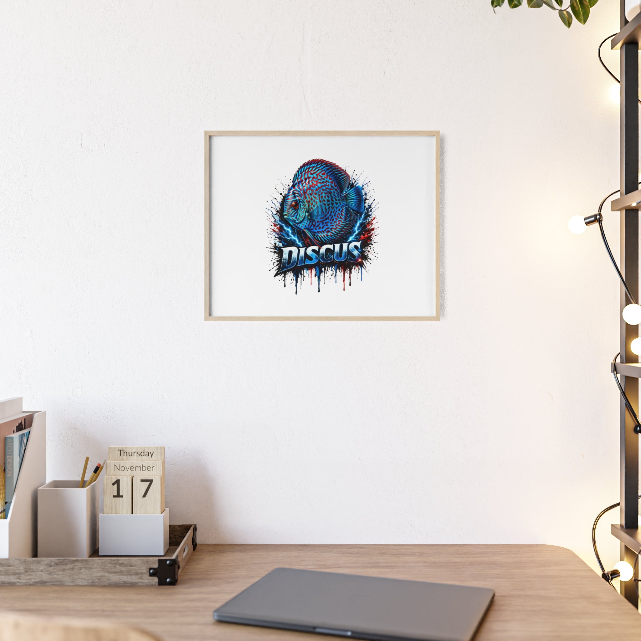 Discus Fish Poster with Wooden Frame — Colorful Aquarium Art Print