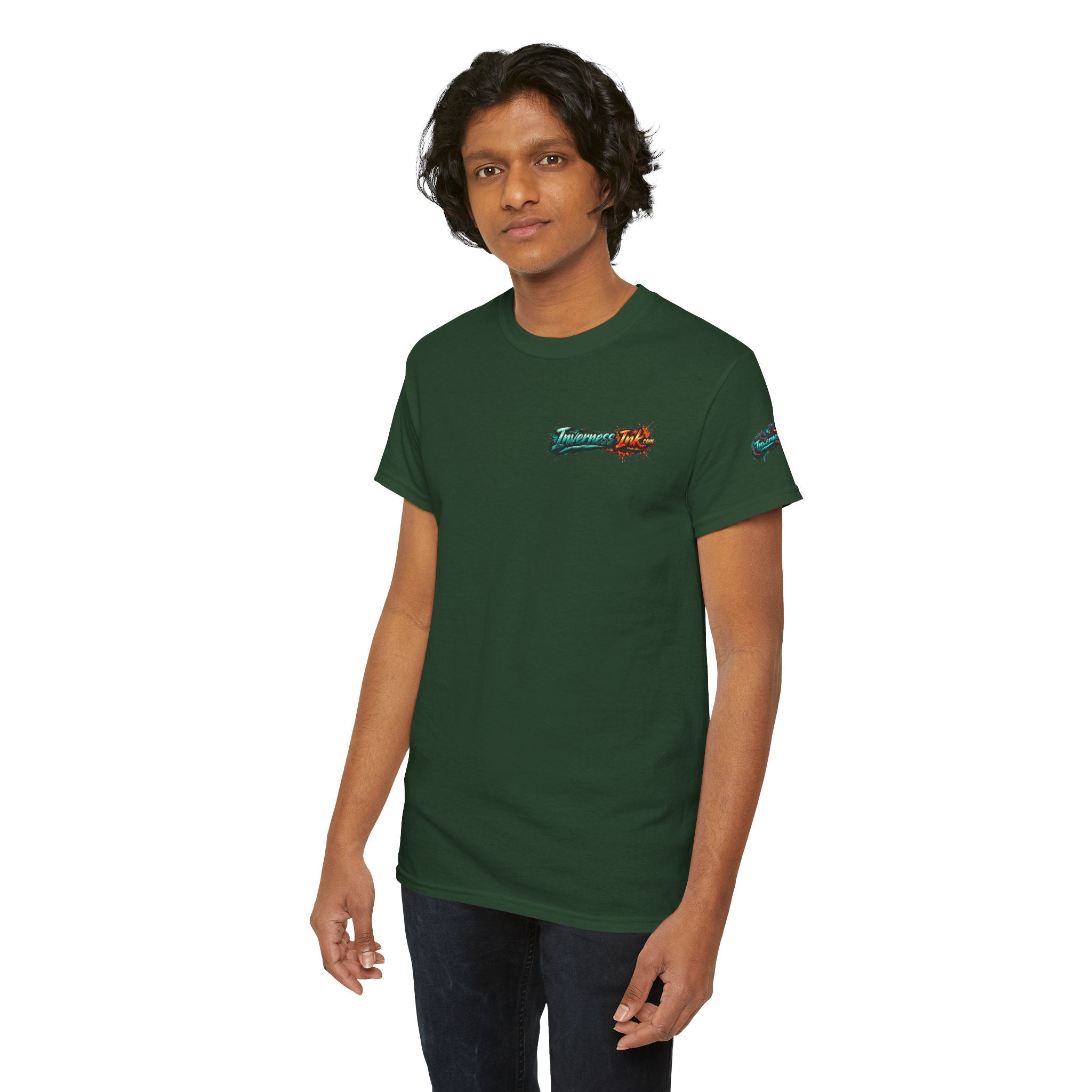 Inverness Ink Graphic Tee — Bold Blue & Orange Splash Backprint