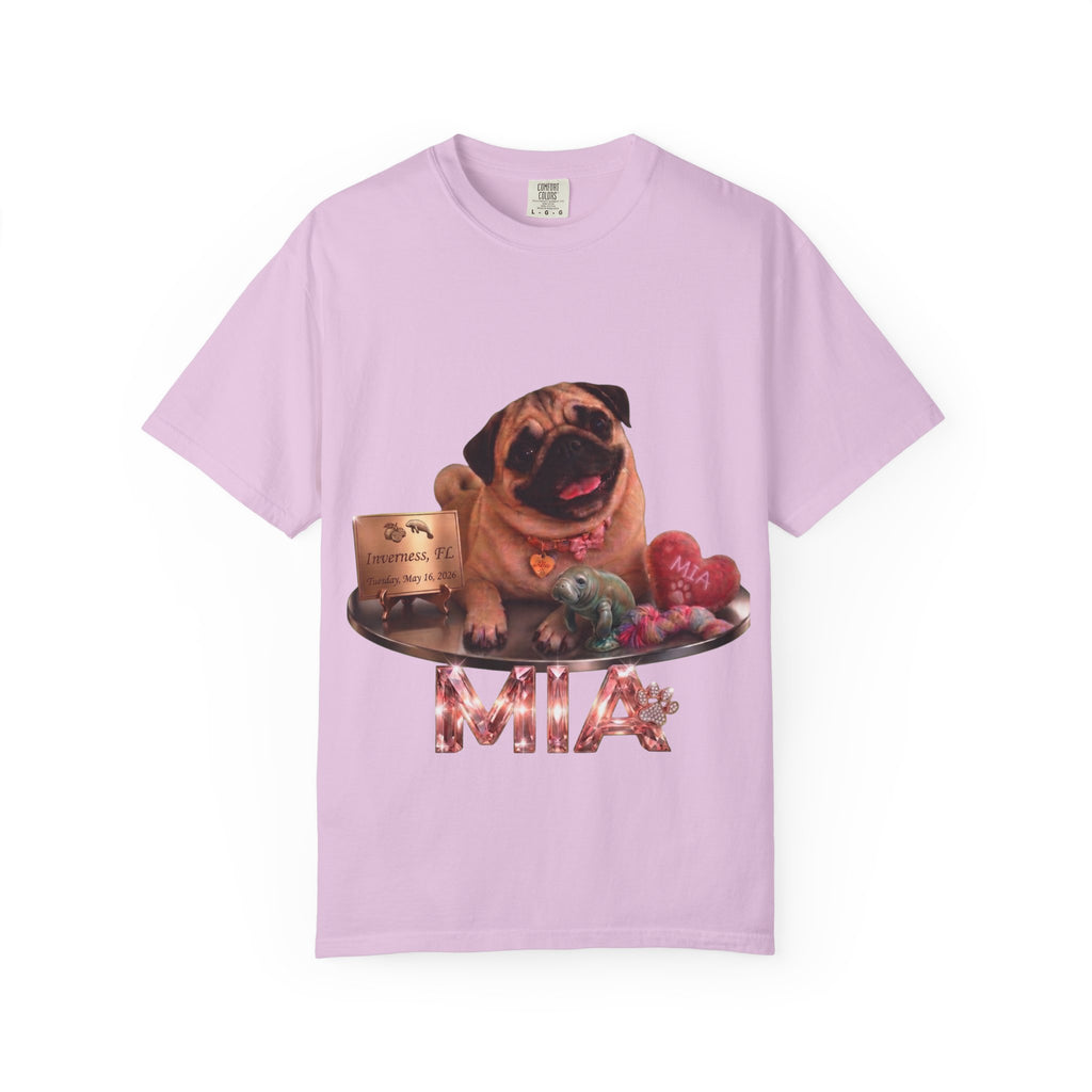 Pug Pet Portrait T-Shirt — Personalized "MIA" Dog Design