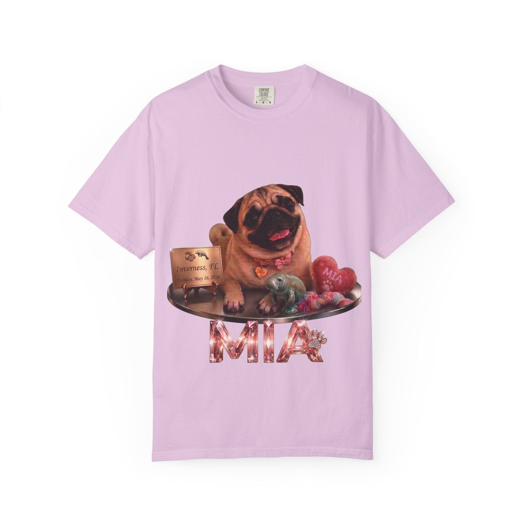 Pug Pet Portrait T-Shirt — Personalized "MIA" Dog Design