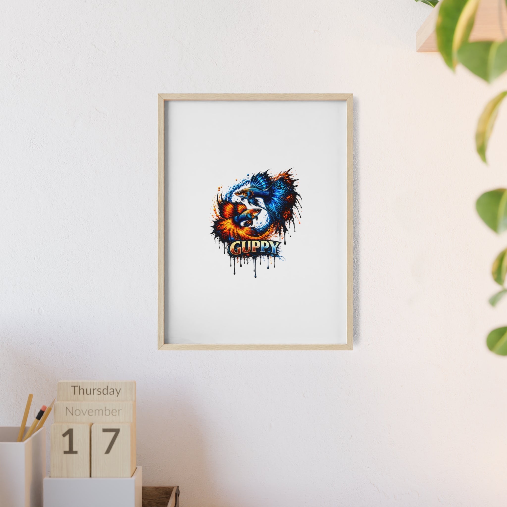 Guppy Fish Art Poster with Wooden Frame — Colorful Koi-Style Aquarium Print