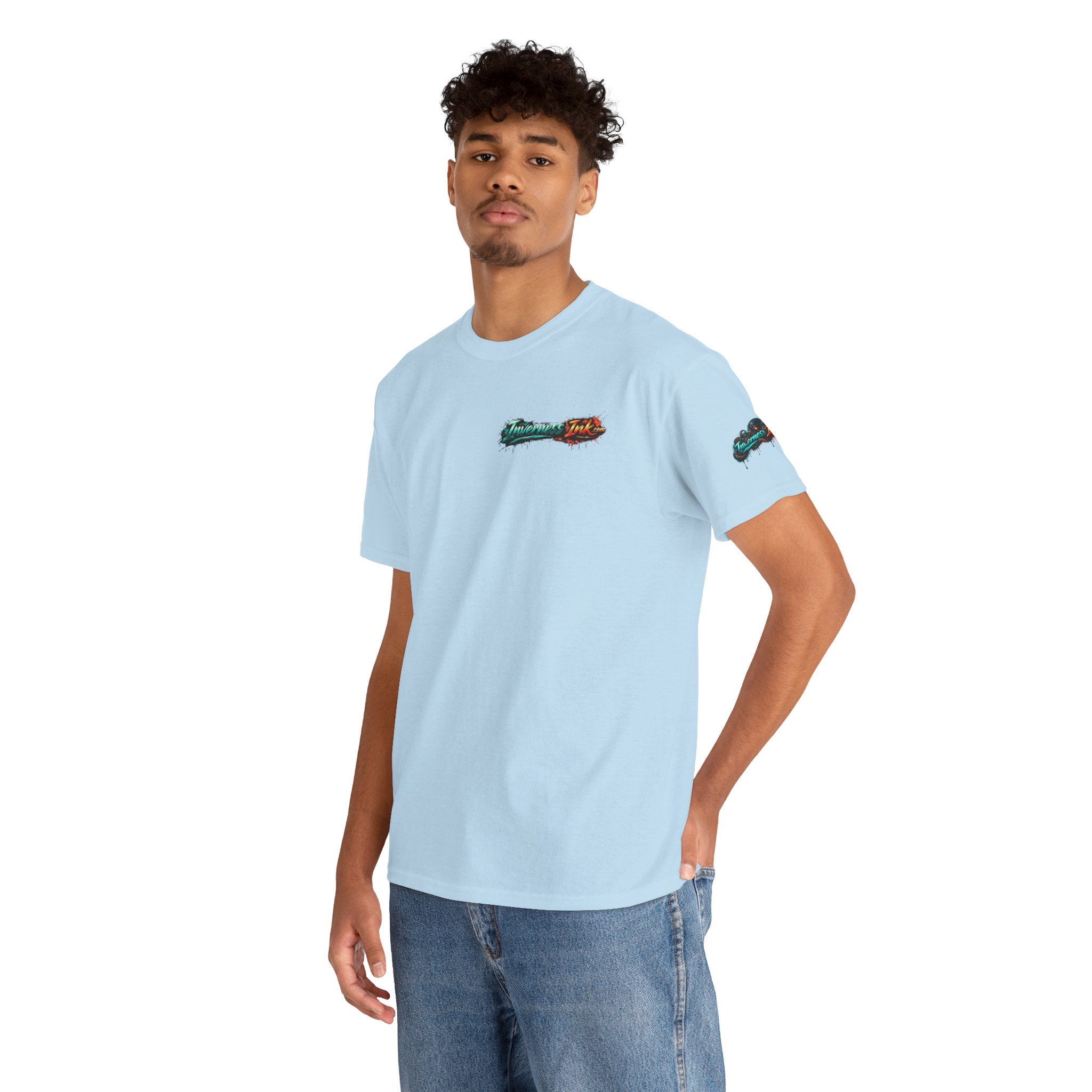 Inverness Ink Graphic Tee — Bold Blue & Orange Splash Backprint
