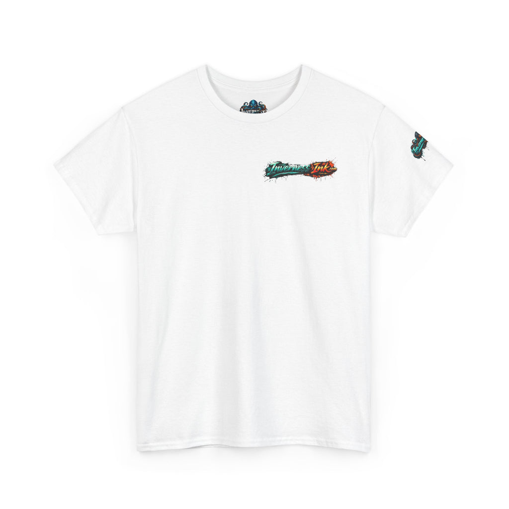 Inverness Ink Graphic Tee — Bold Blue & Orange Splash Backprint