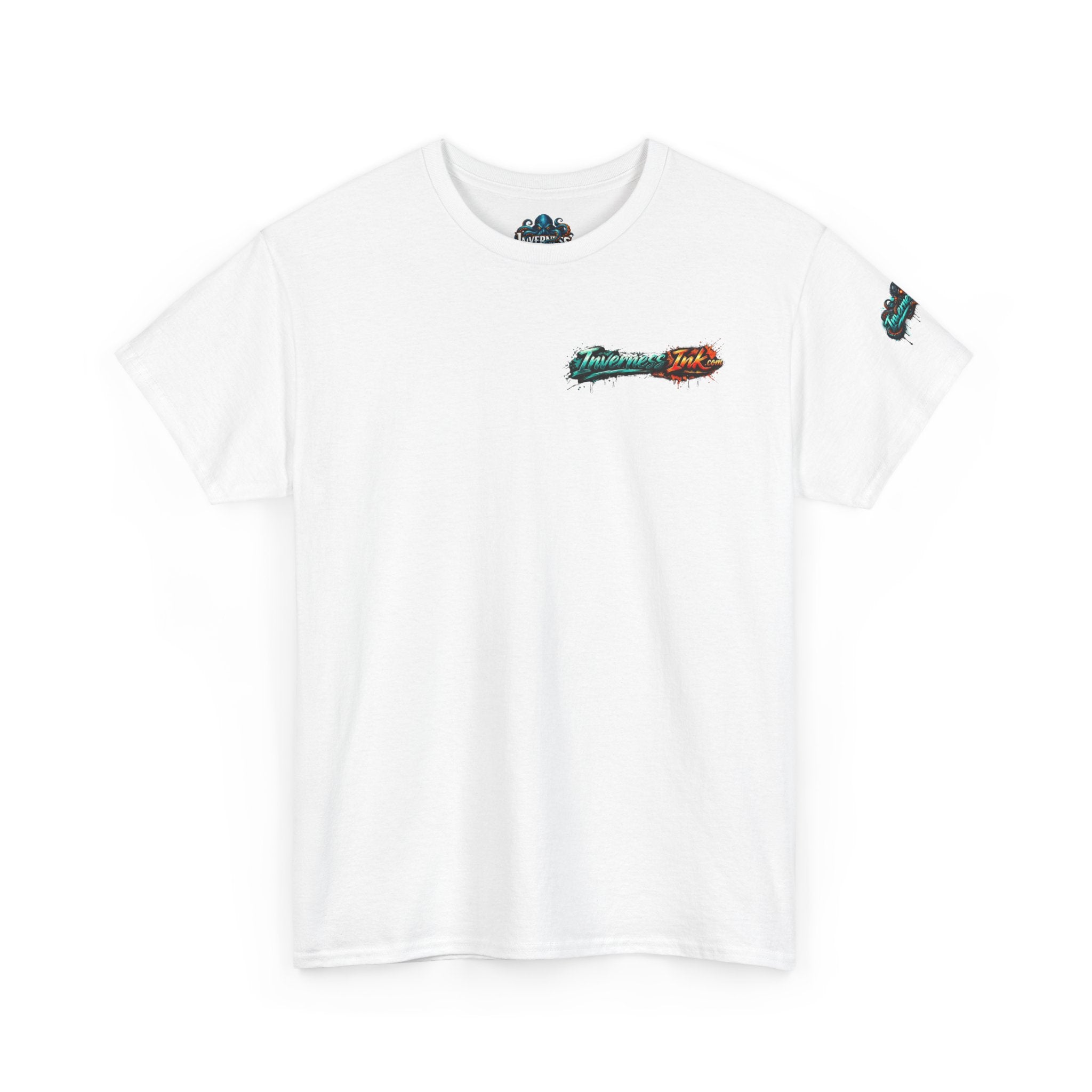 Inverness Ink Graphic Tee — Bold Blue & Orange Splash Backprint